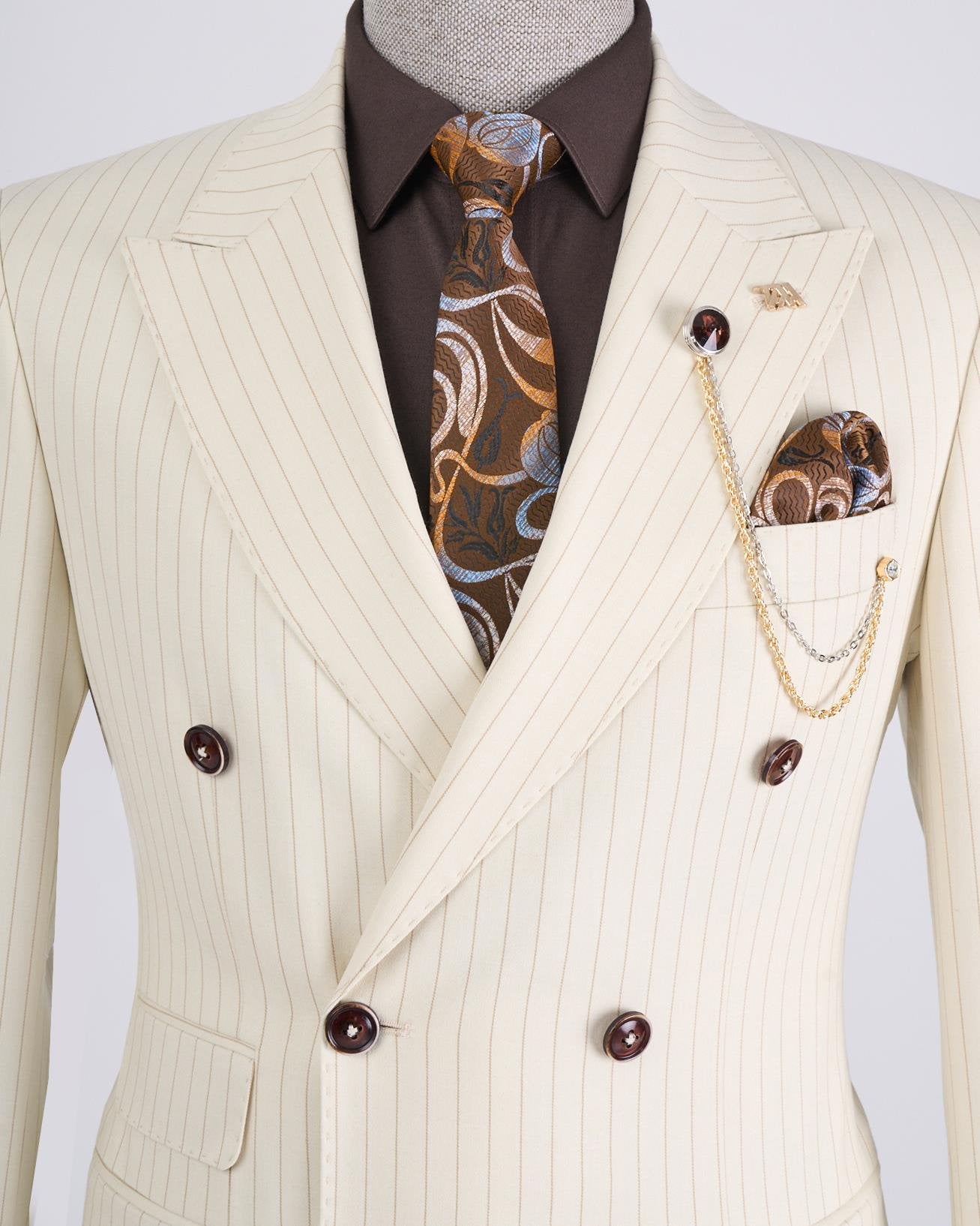 Beige Striped Double Breasted Suit 2-Piece