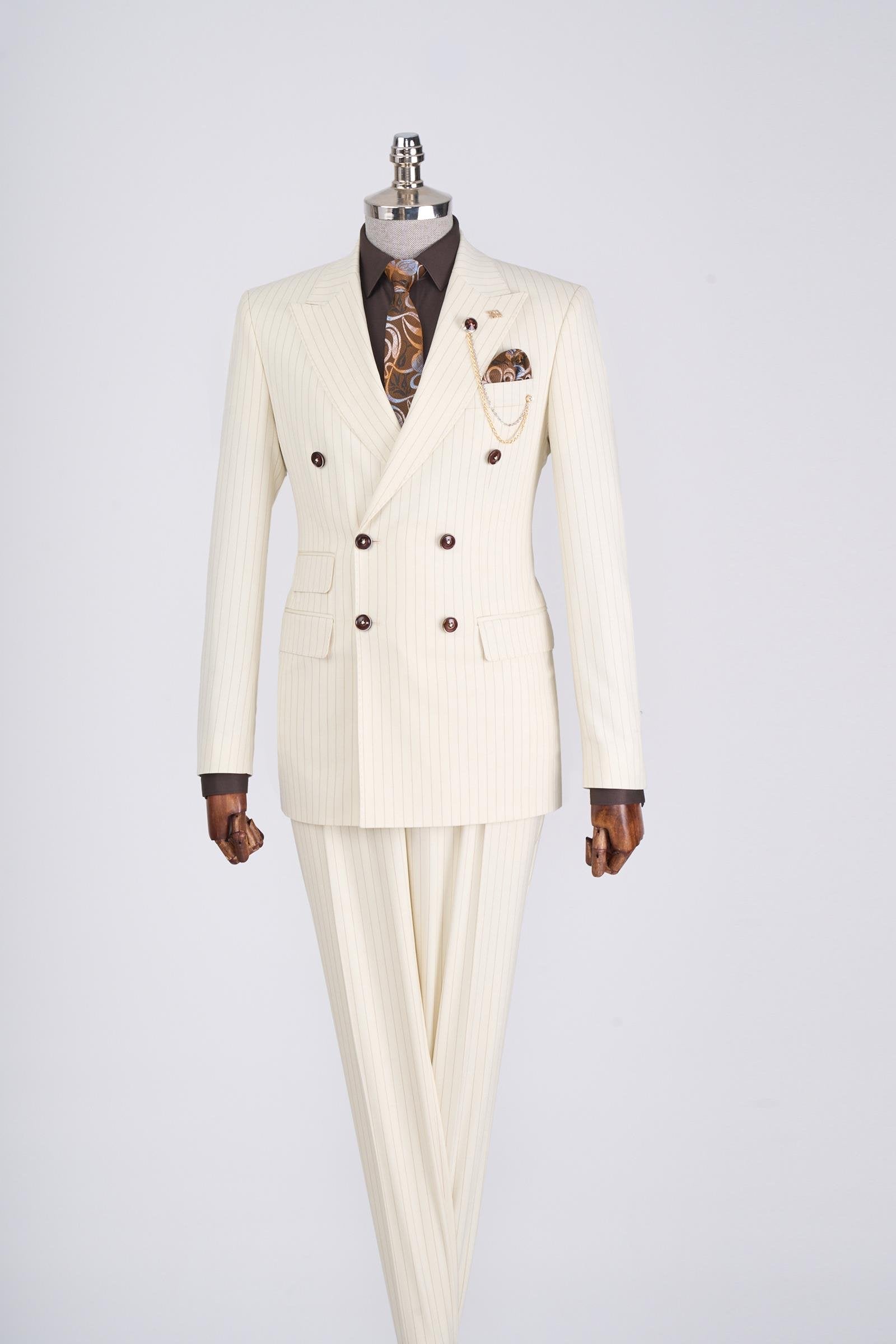 Beige Striped Double Breasted Suit 2-Piece