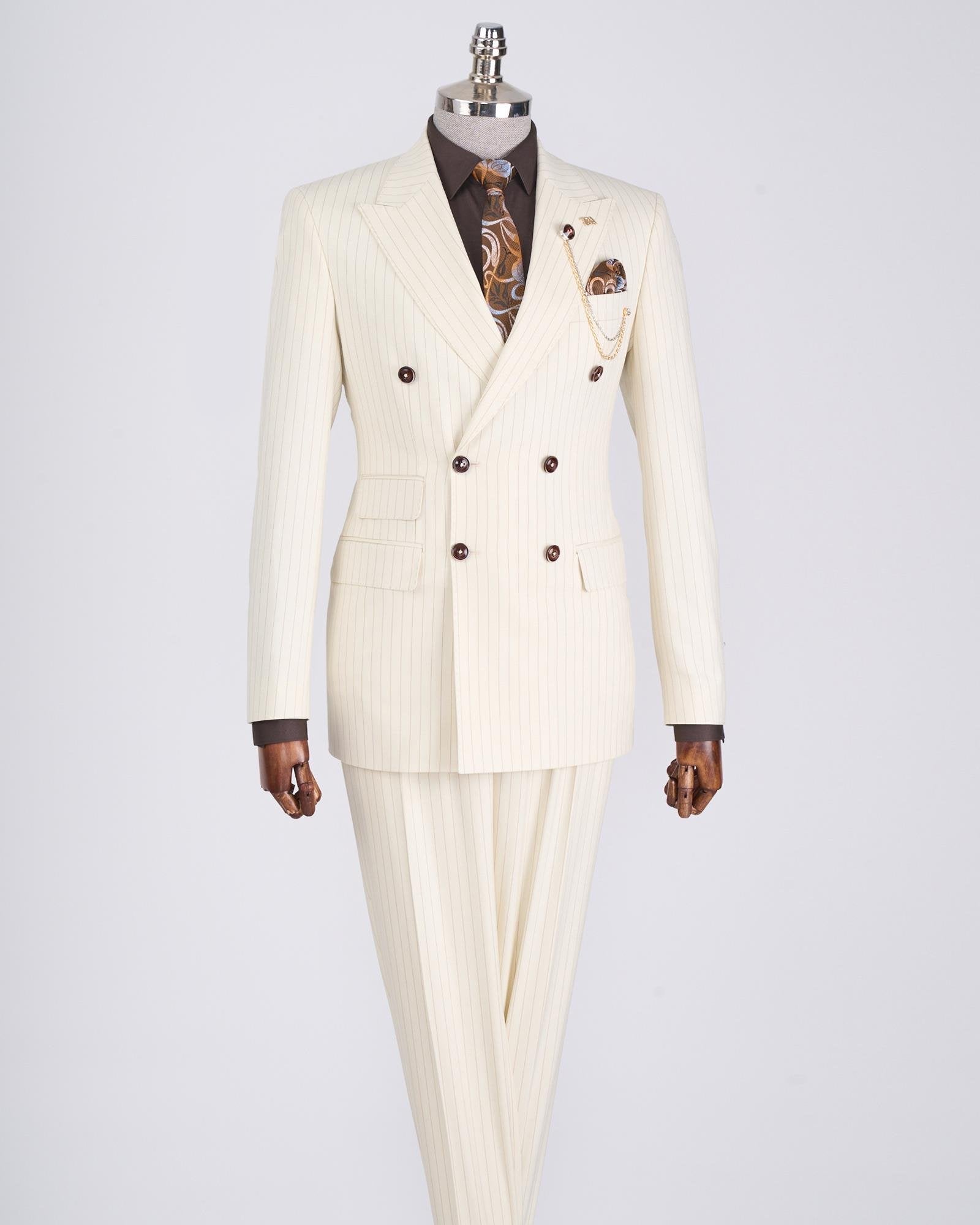 Beige Striped Double Breasted Suit 2-Piece