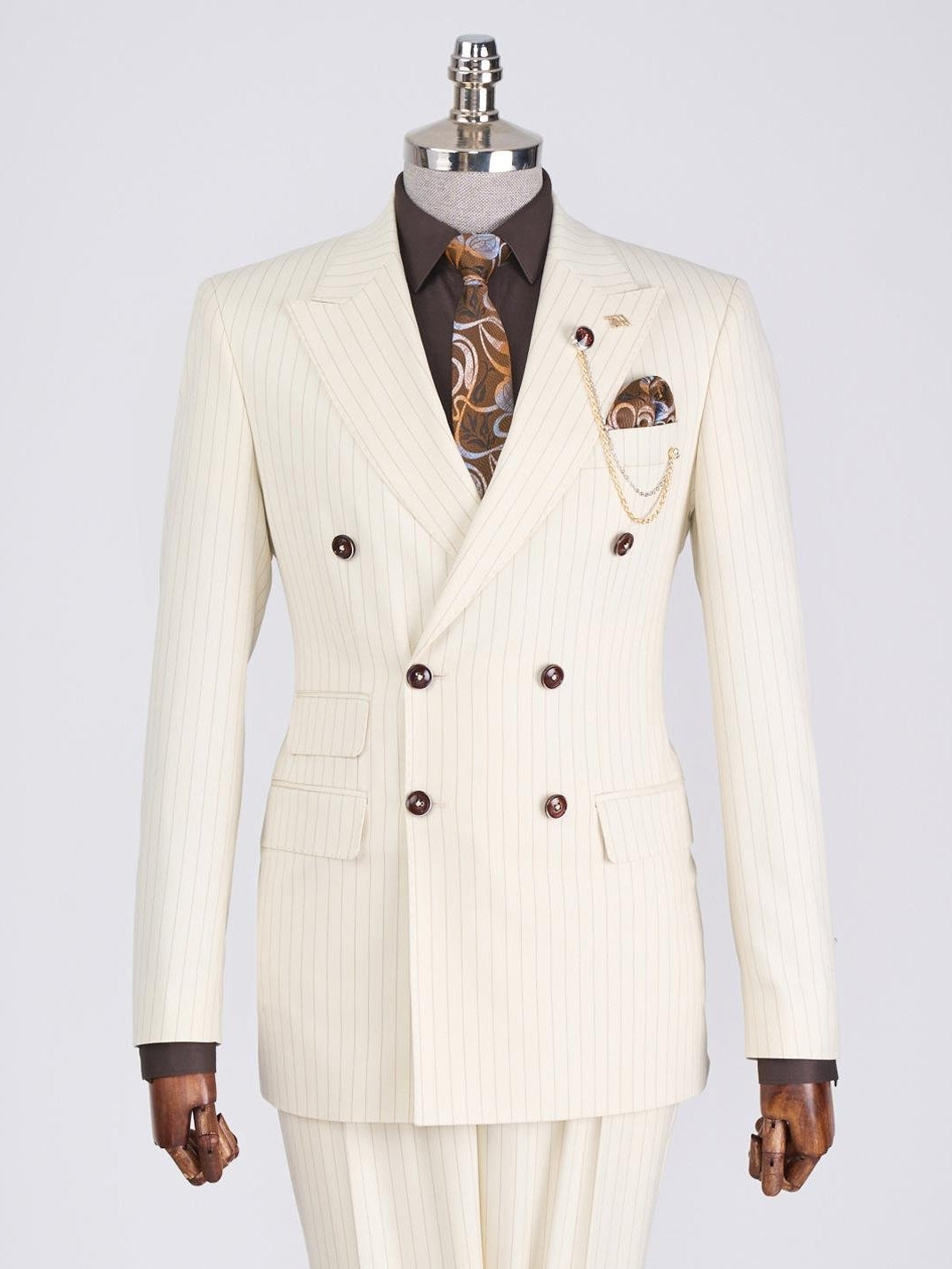 Beige Striped Double Breasted Suit 2-Piece