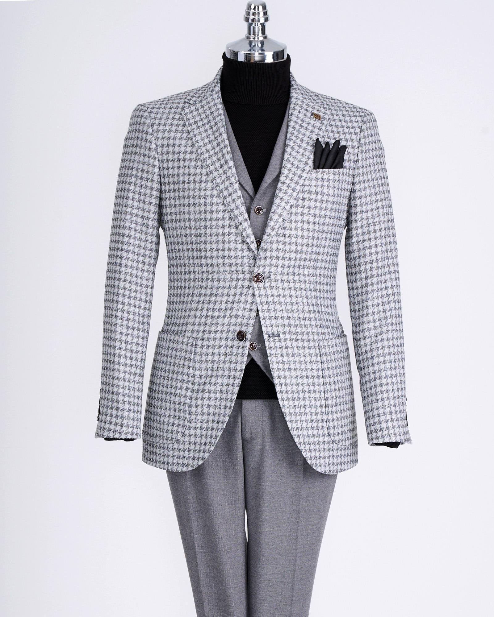 Grey Plaid Slim-Fit Suit 3-Piece