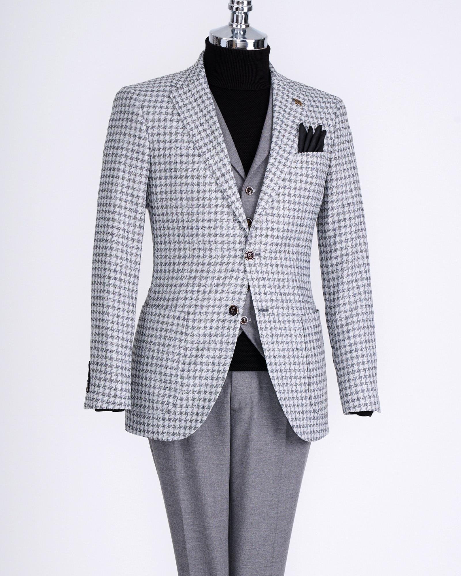 Grey Plaid Slim-Fit Suit 3-Piece