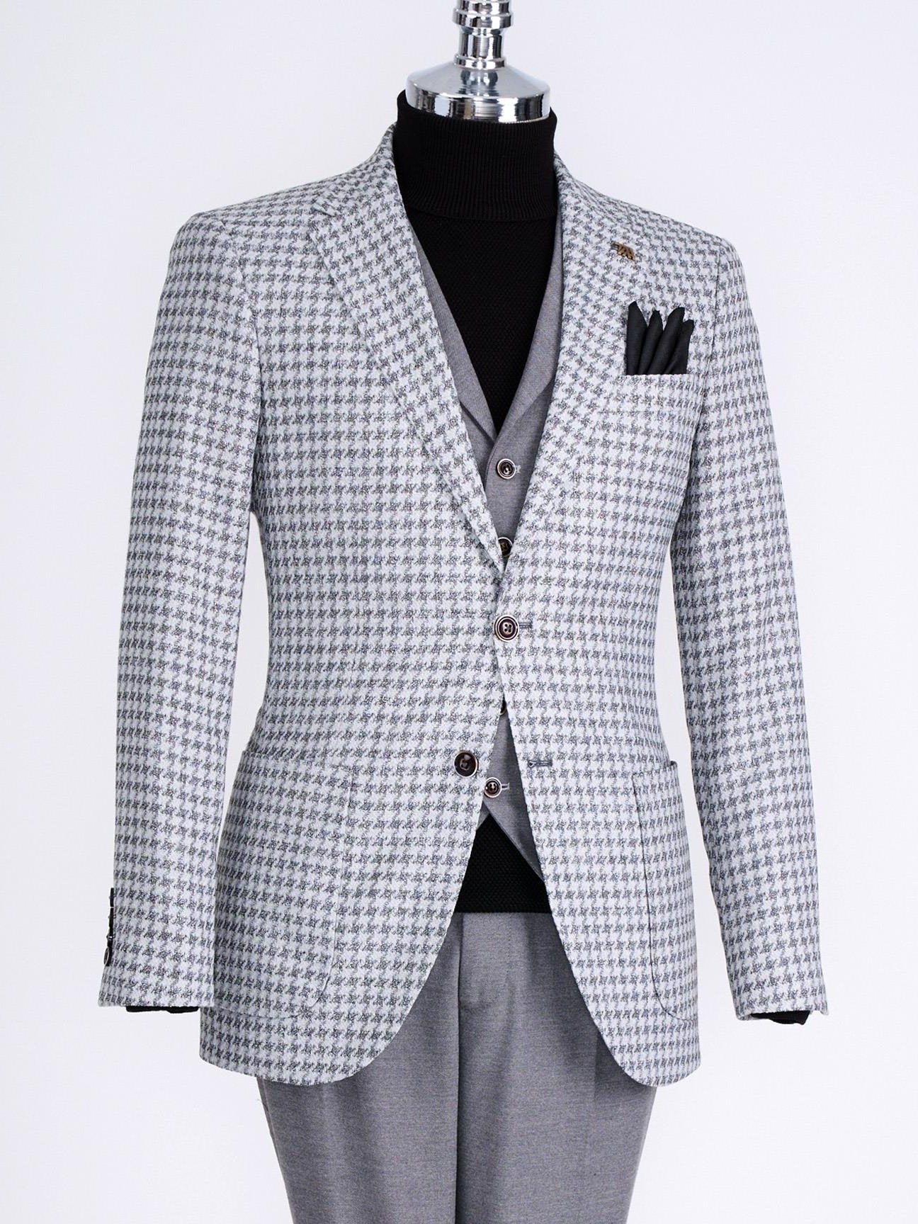 Grey Plaid Slim-Fit Suit 3-Piece