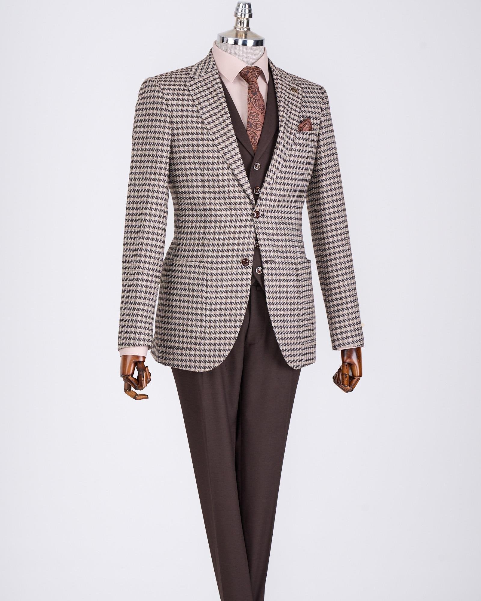 Brown Plaid Slim-Fit Suit 3-Piece