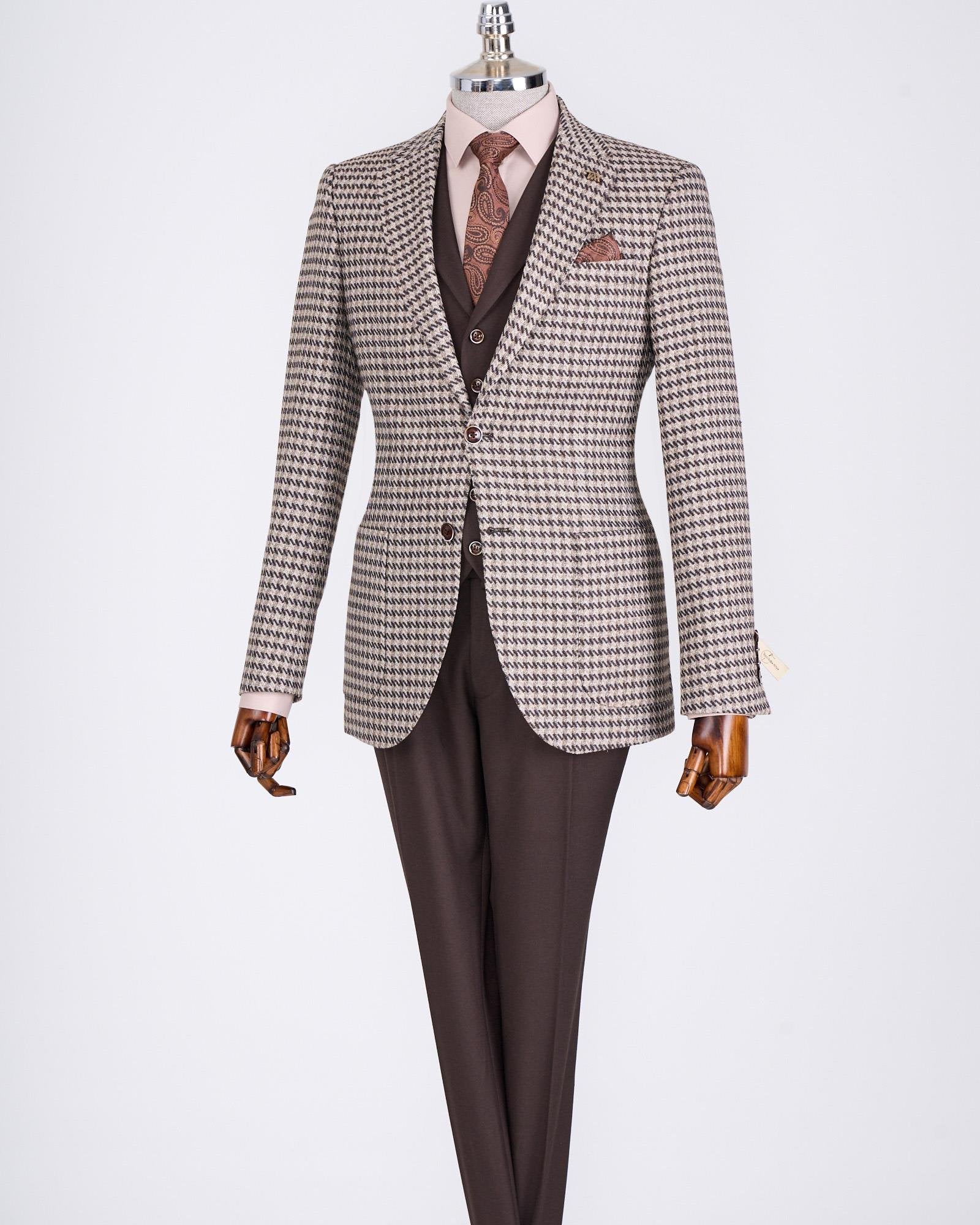 Brown Plaid Slim-Fit Suit 3-Piece