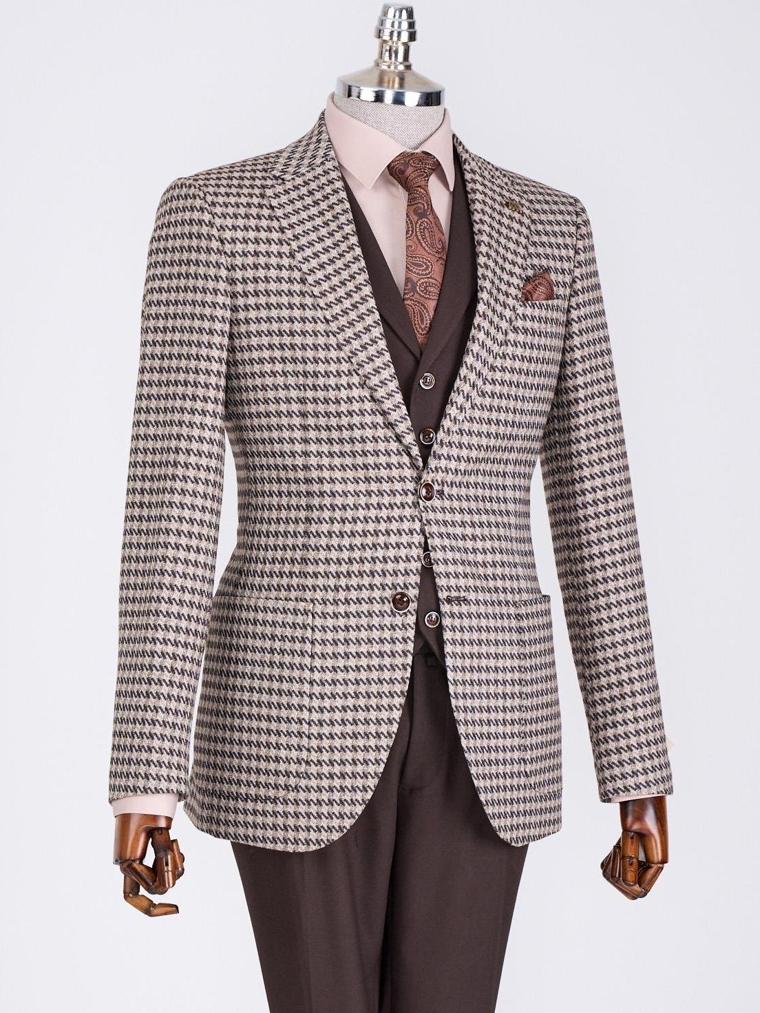 Brown Plaid Slim-Fit Suit 3-Piece