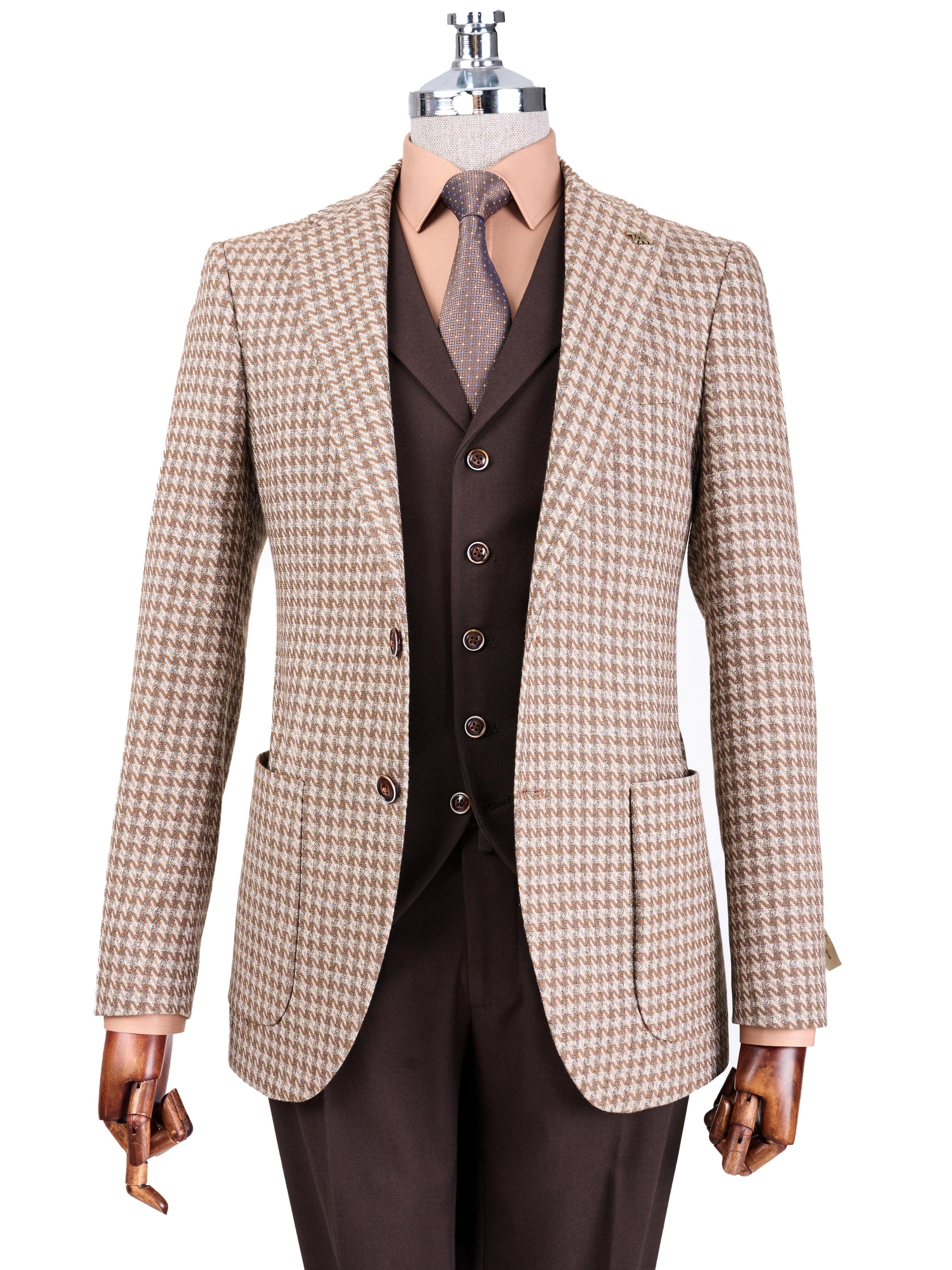 Brown Plaid Slim-Fit Suit 3-Piece