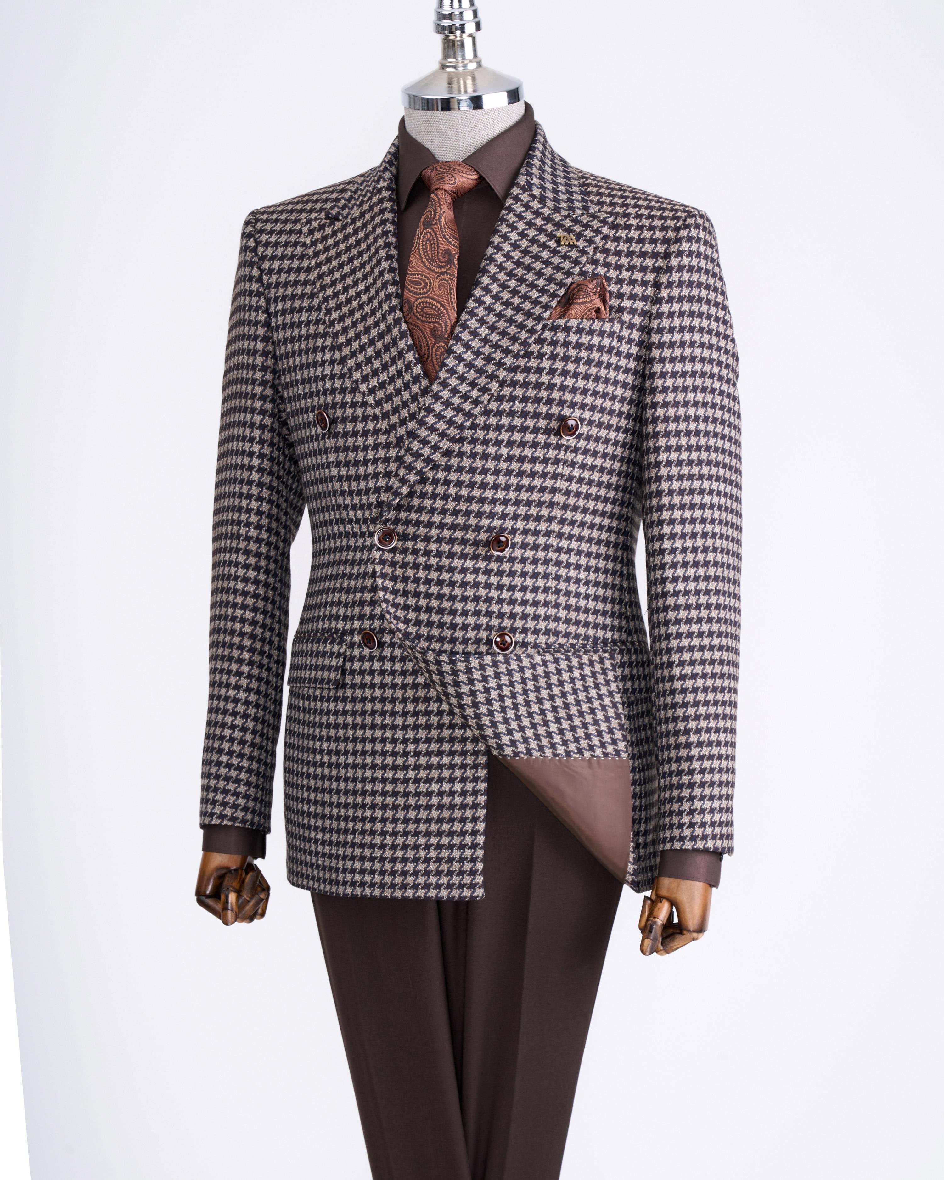 Brown Plaid Double Breasted Suit 2-Piece