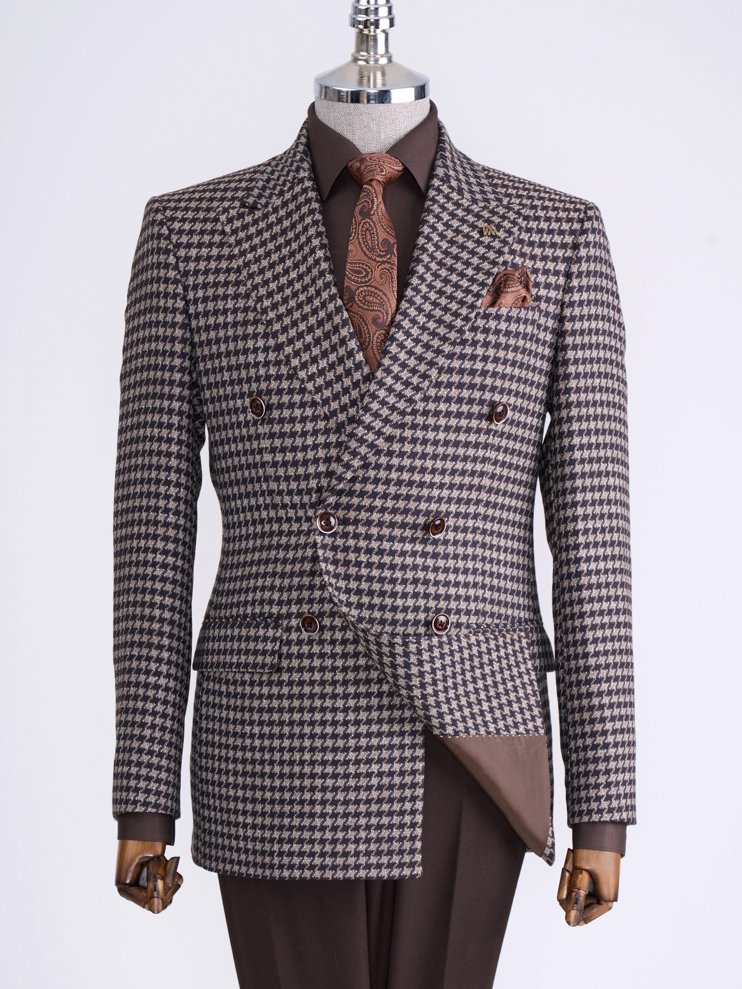 Brown Plaid Double Breasted Suit 2-Piece