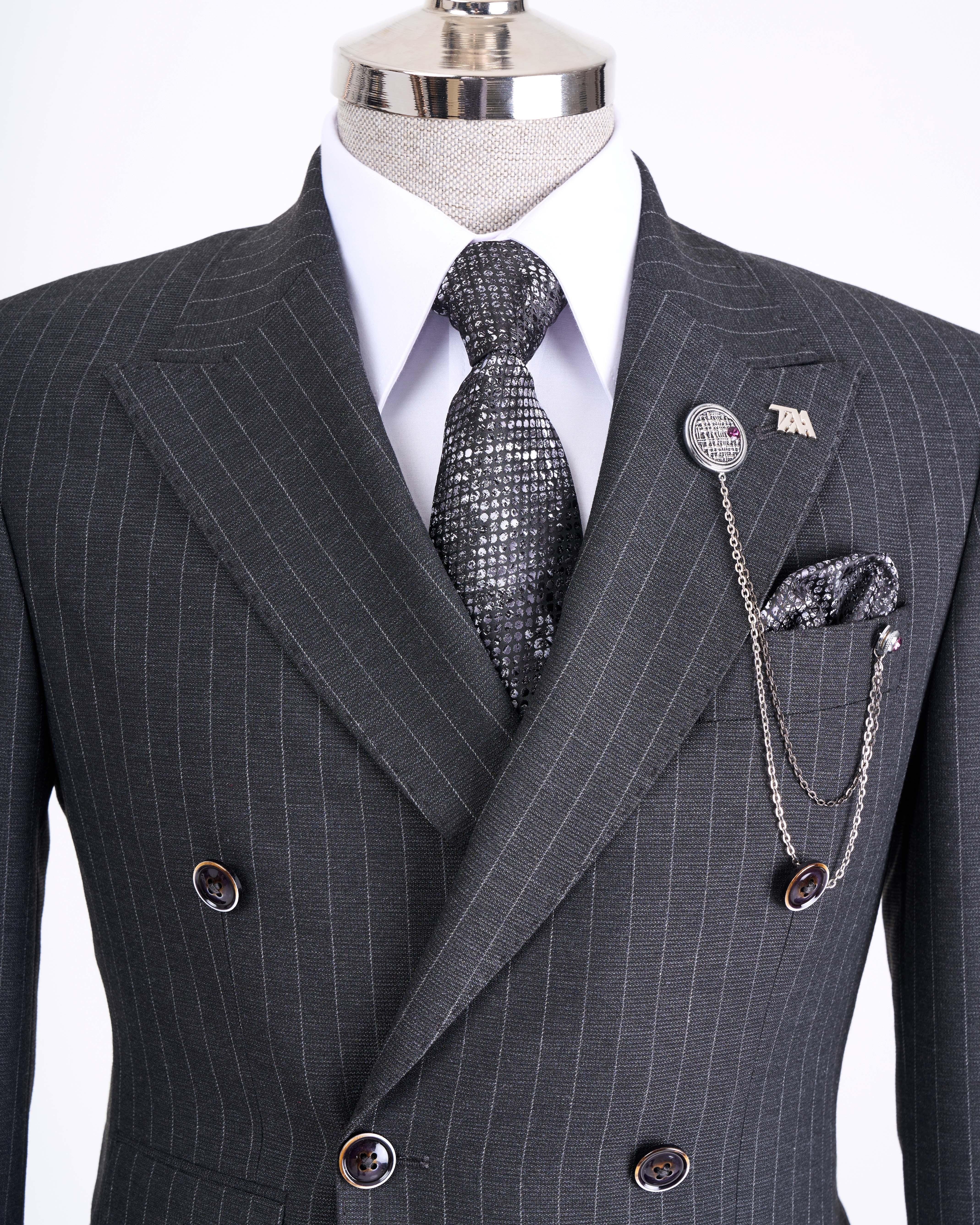 Grey Striped Double Breasted Suit 2-Piece