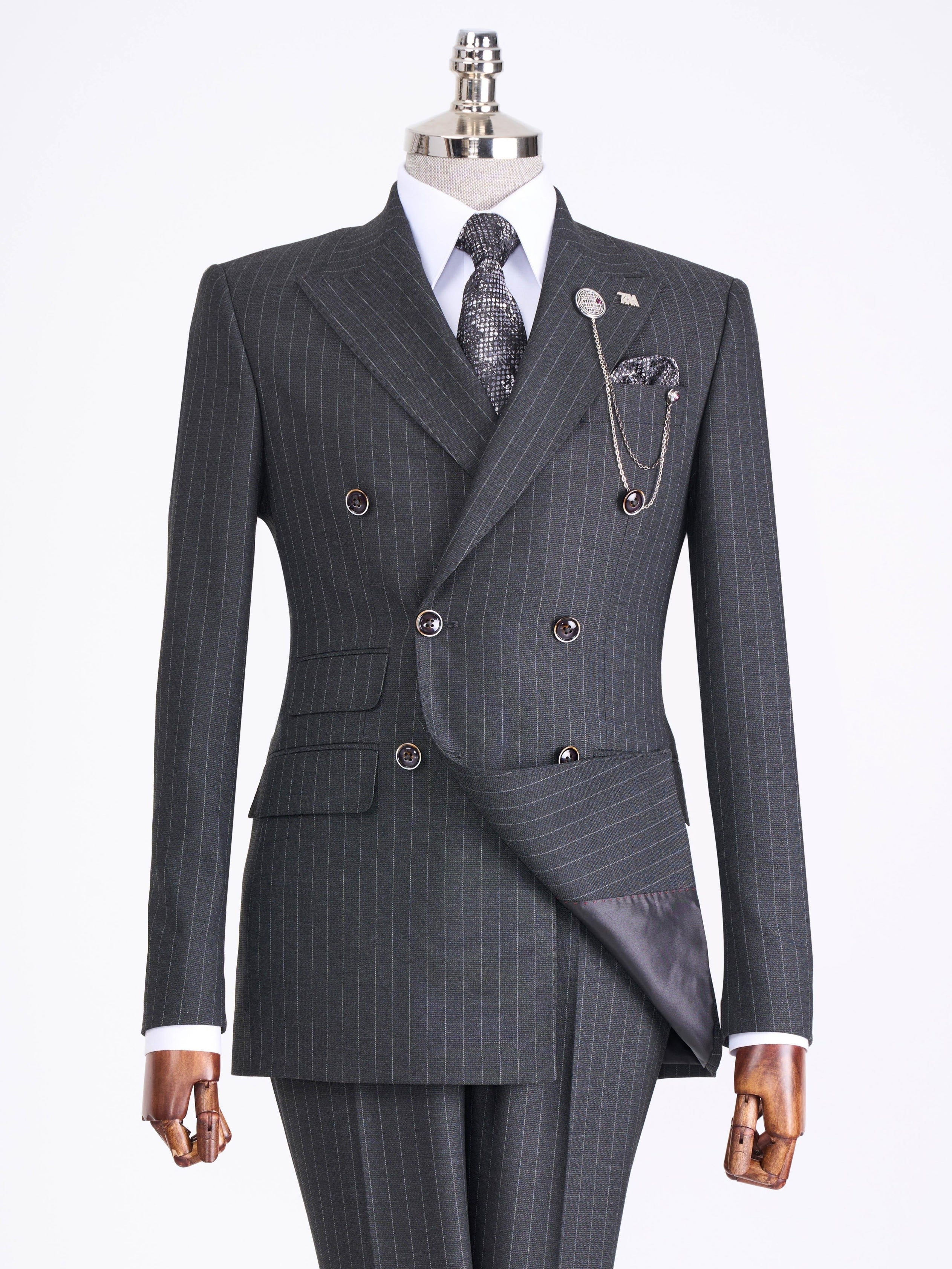 Grey Striped Double Breasted Suit 2-Piece