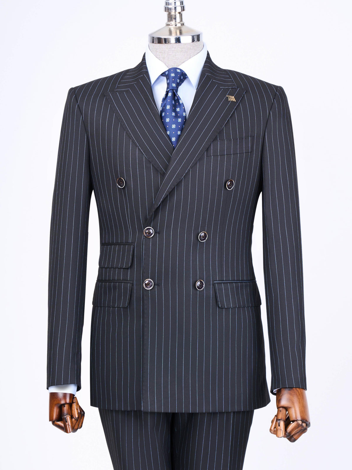 VIOSSI Navy Striped Double Breasted Suit 2-Piece front view - tuxedo double breasted italian suit styles menswear