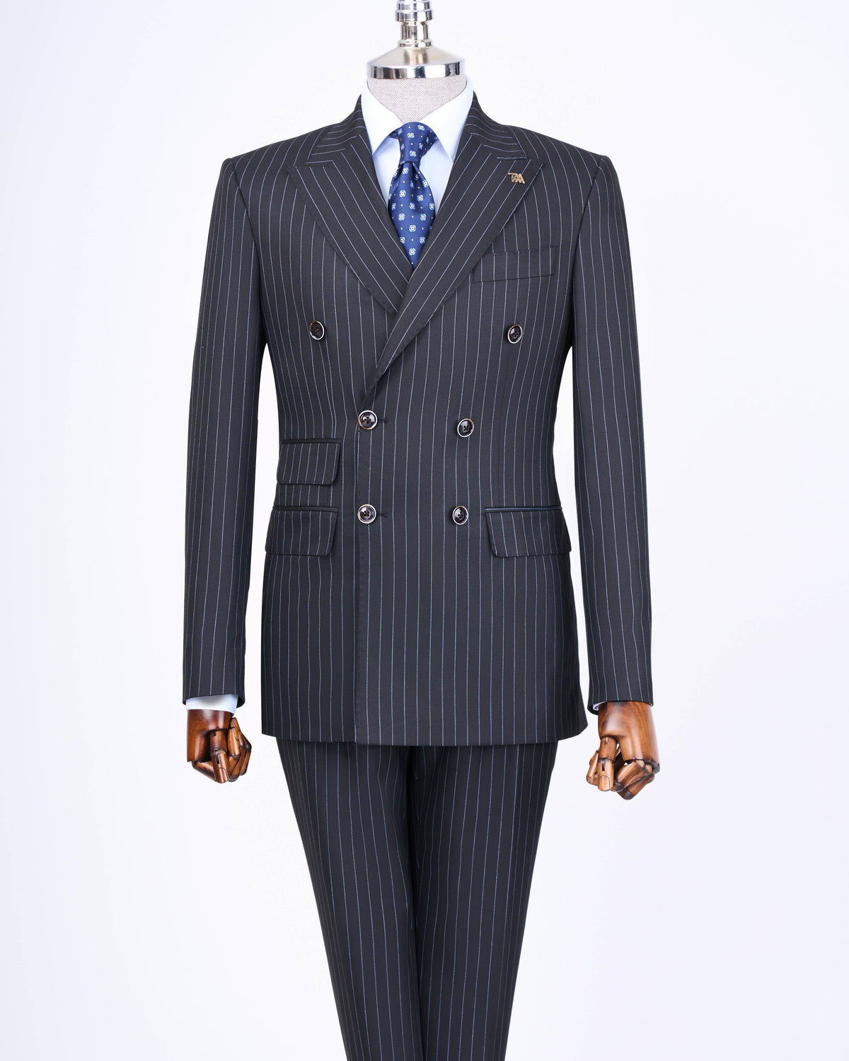 VIOSSI Navy Striped Double Breasted Suit 2-Piece front view - italian suit styles tuxedo double breasted menswear