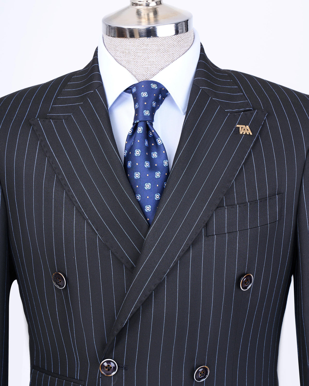 VIOSSI navy striped tuxedo double breasted 2-piece suit front view - italian suit styles menswear