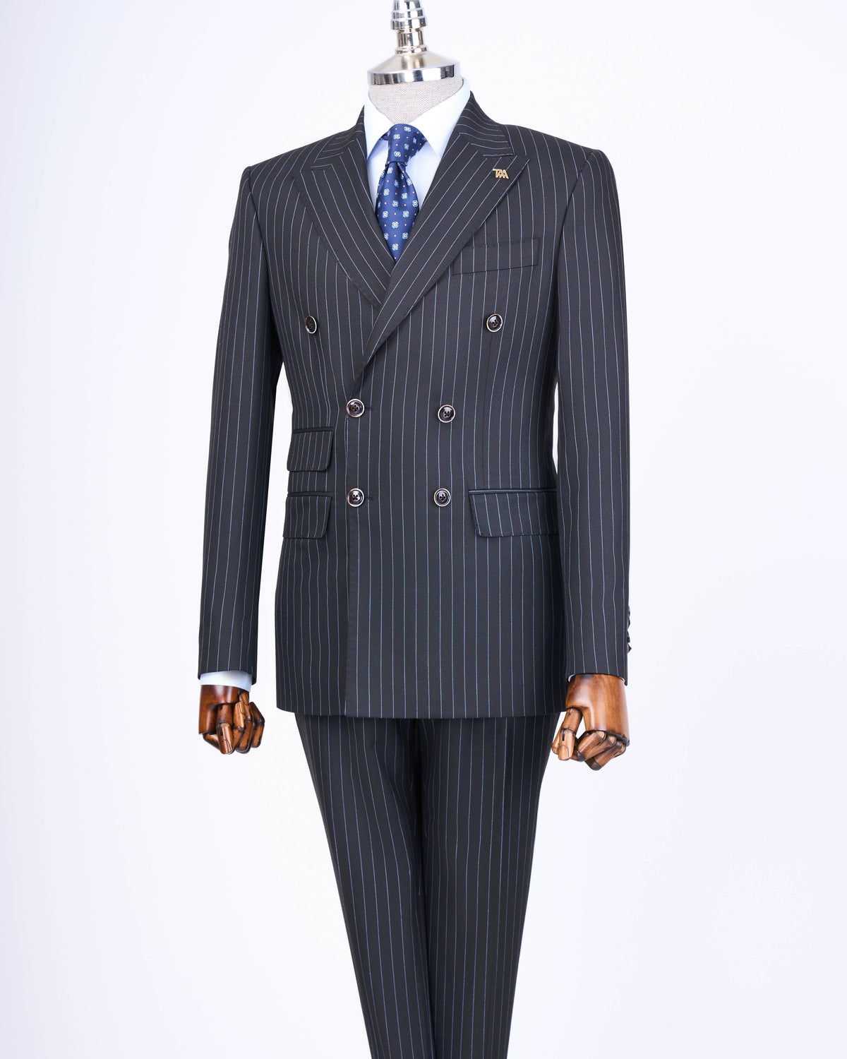VIOSSI navy striped tuxedo double breasted suit 2-piece front view - classic italian suit styles for men