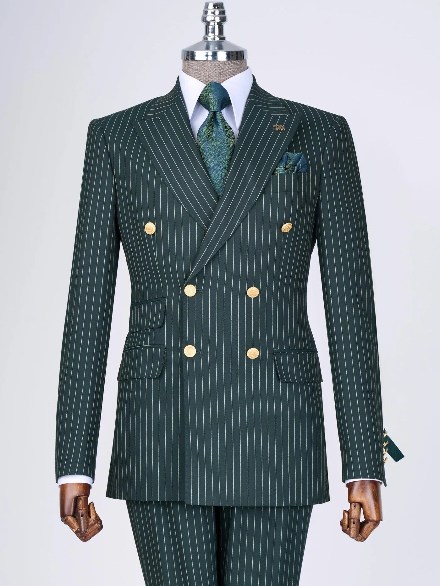 Green Striped Double Breasted Suit 2-Piece