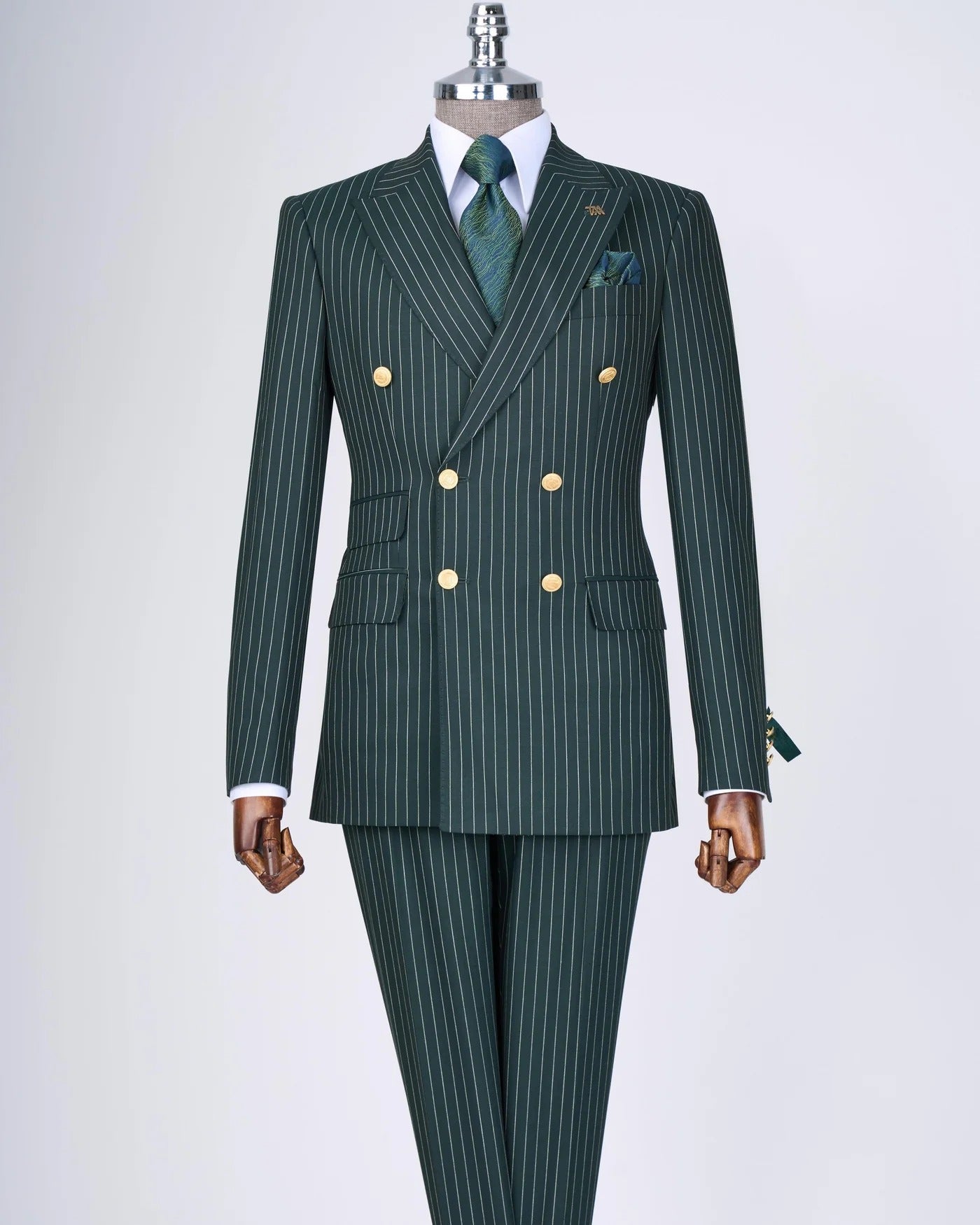 Green Striped Double Breasted Suit 2-Piece