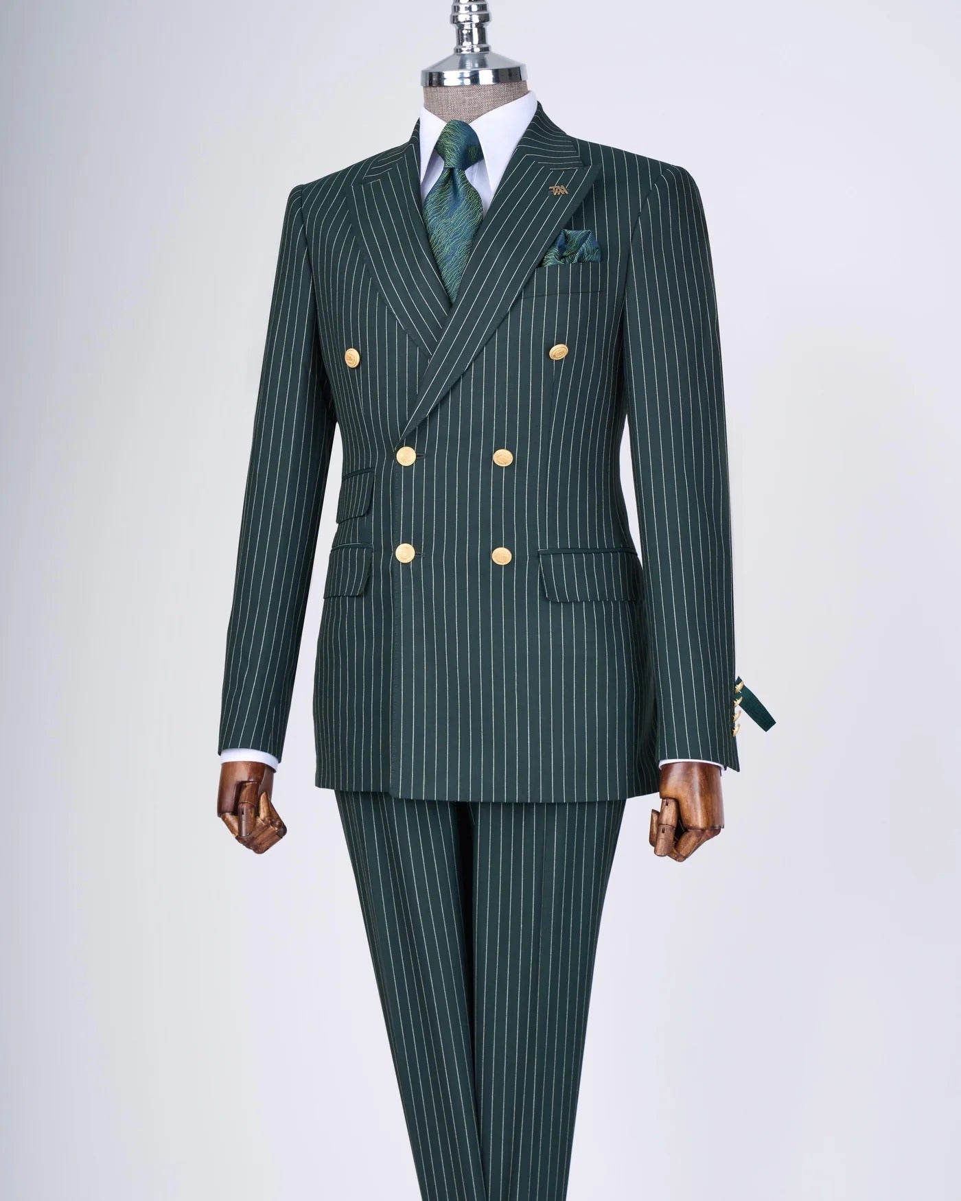 Green Striped Double Breasted Suit 2-Piece