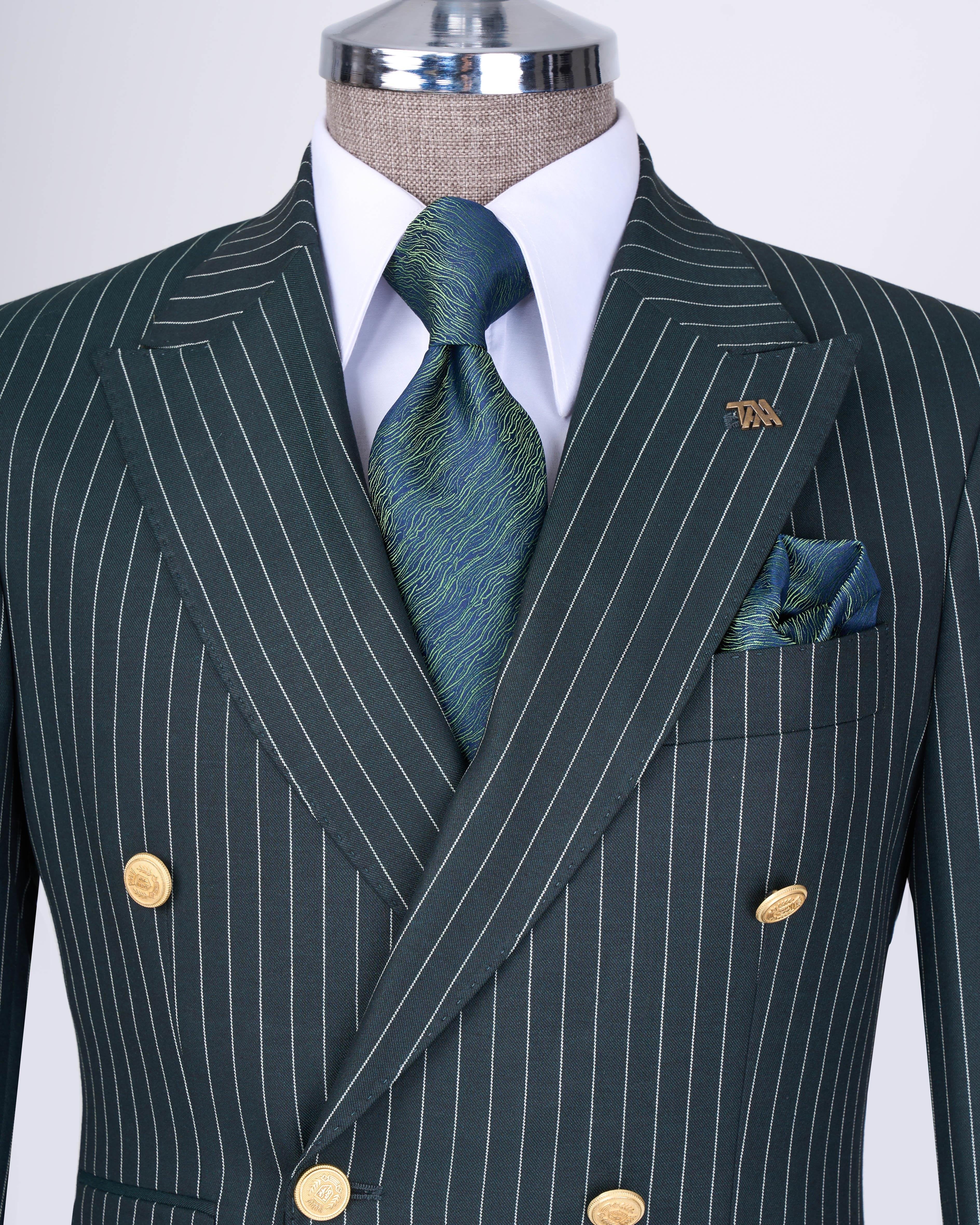 Green Striped Double Breasted Suit 2-Piece