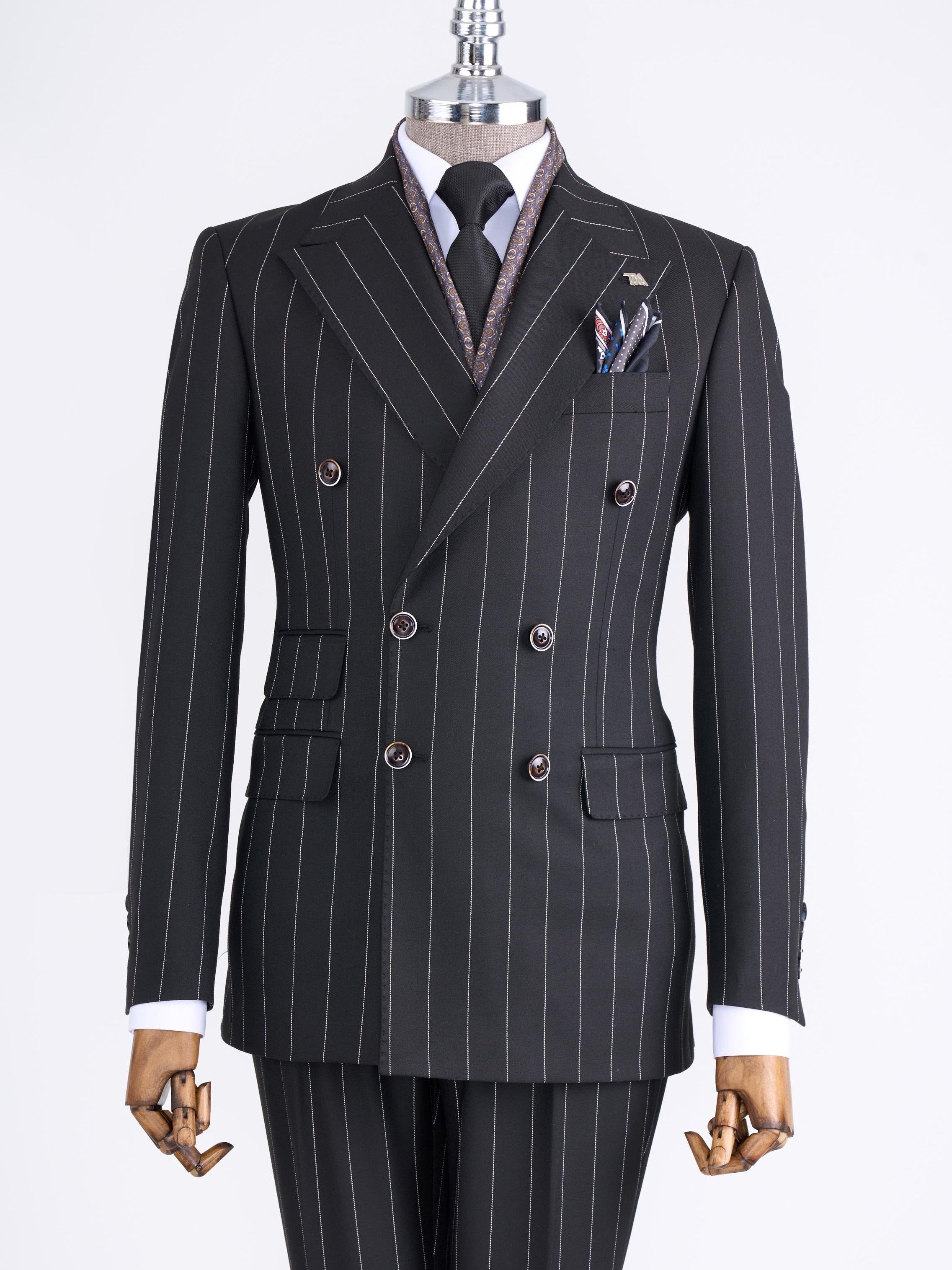 Black Striped Double Breasted Suit 2-Piece