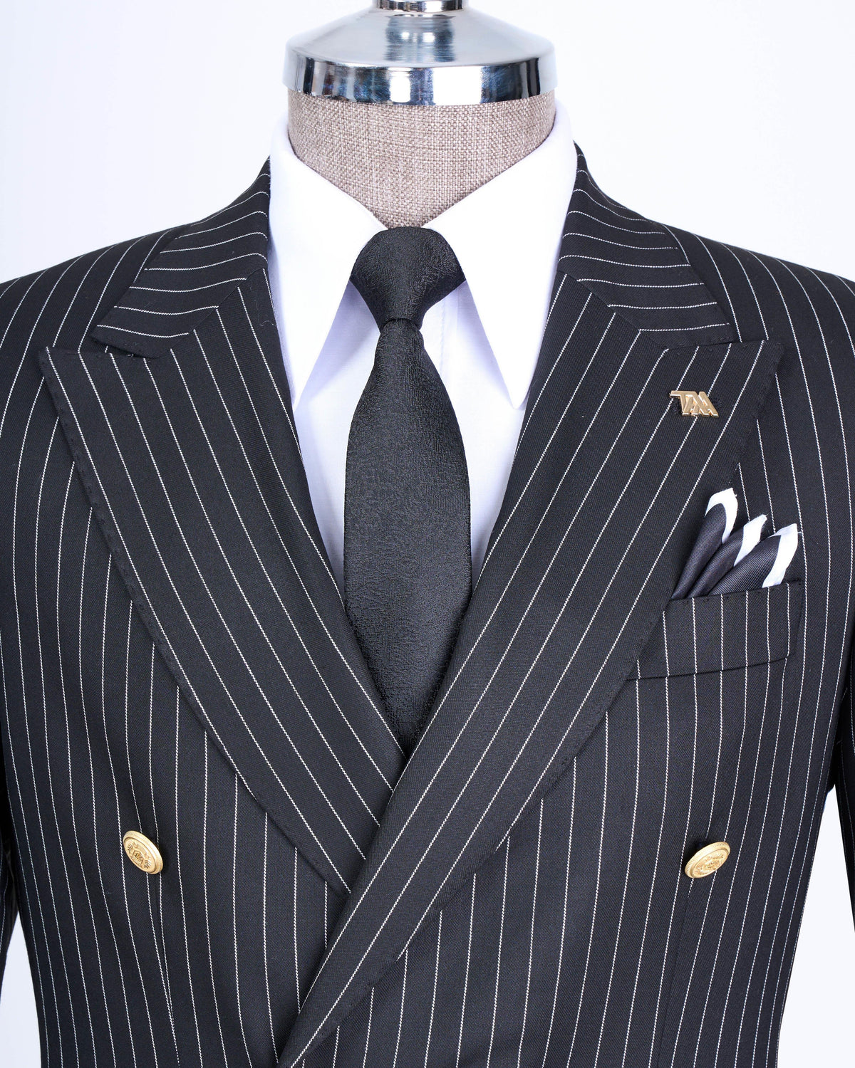 VIOSSI black striped tuxedo double breasted suit 2-piece front view on white background