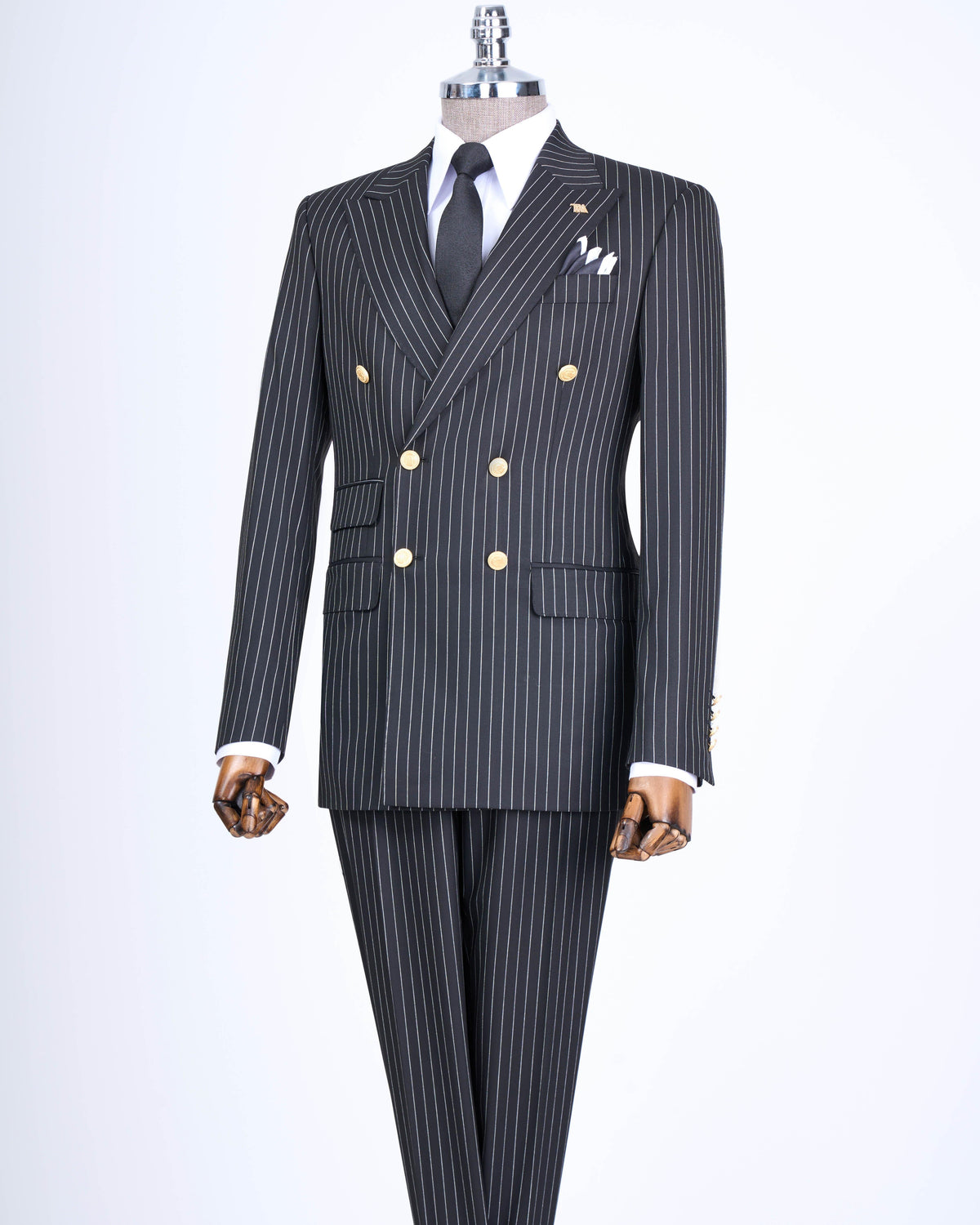 VIOSSI black striped tuxedo double breasted suit 2-piece front view showing jacket lapels and matching trousers