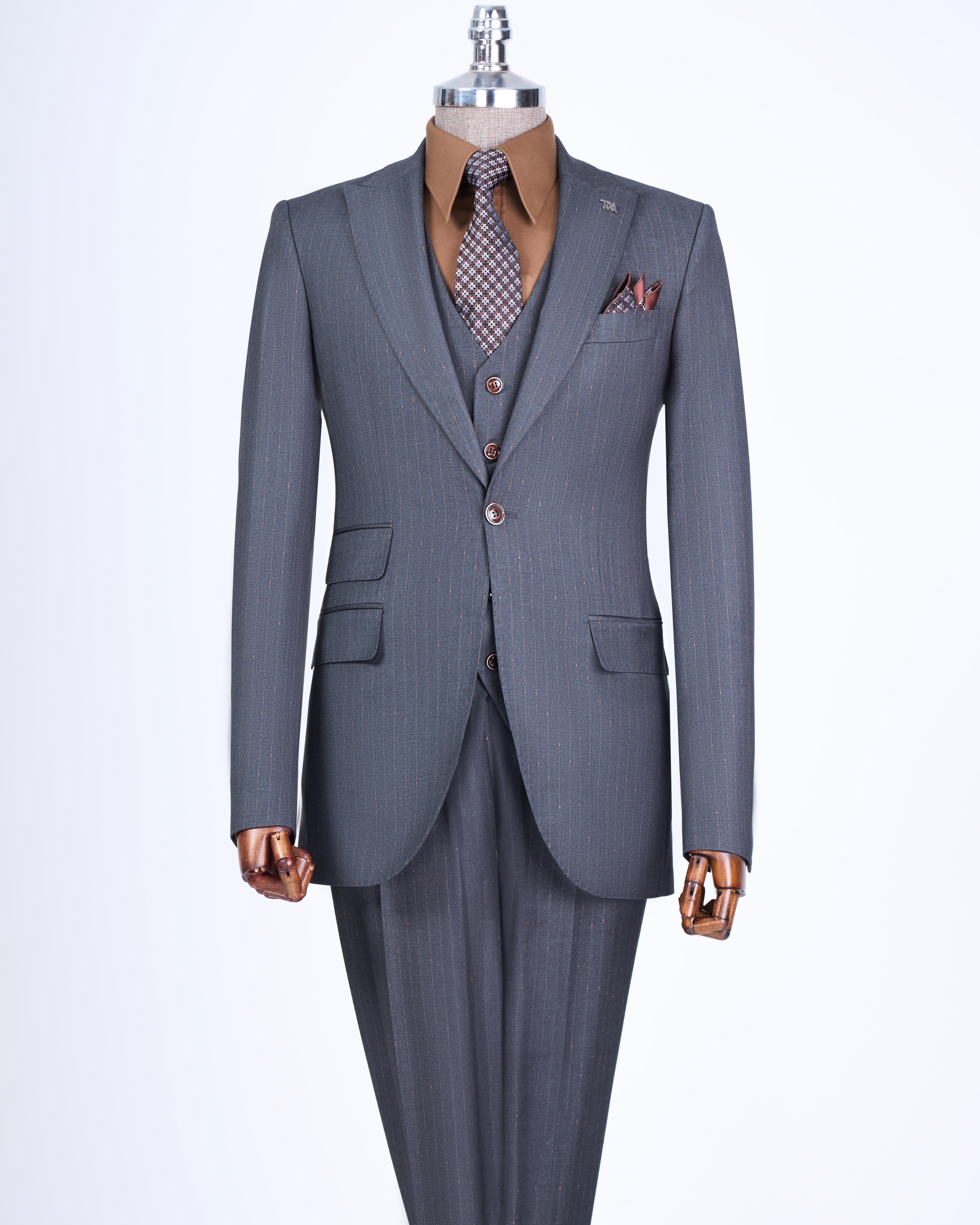 Grey Striped Slim-Fit Suit 3-Piece