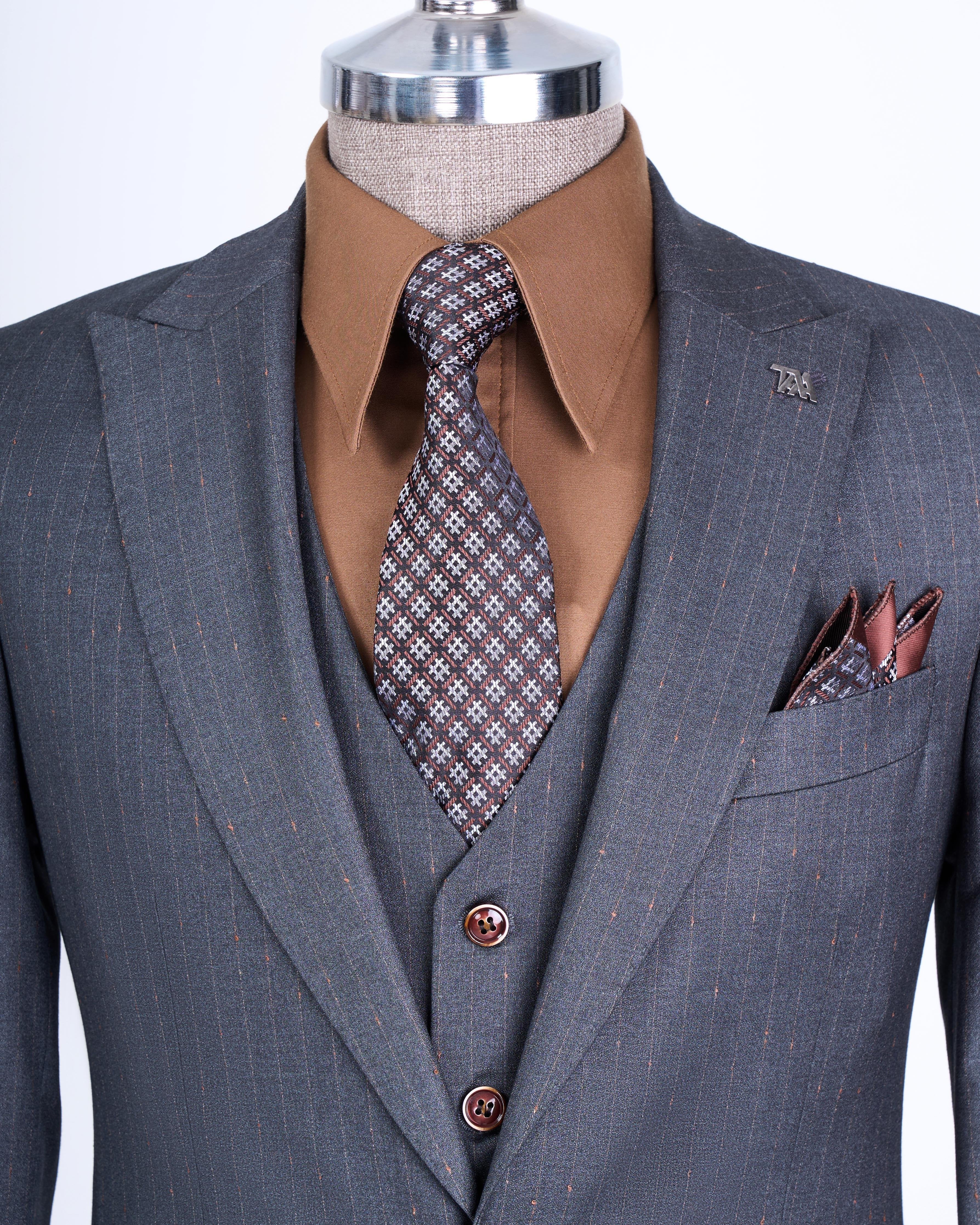 Grey Striped Slim-Fit Suit 3-Piece