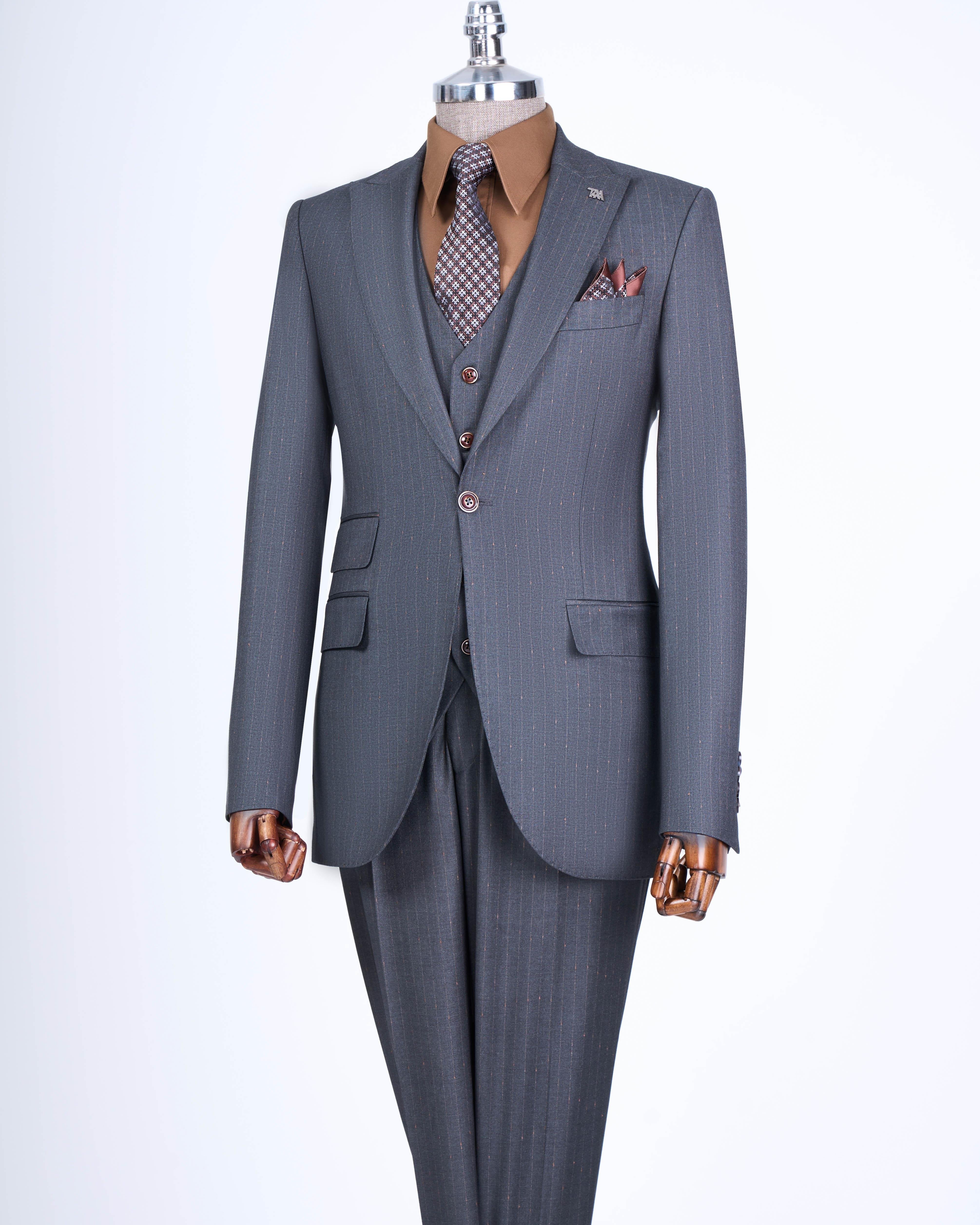 Grey Striped Slim-Fit Suit 3-Piece