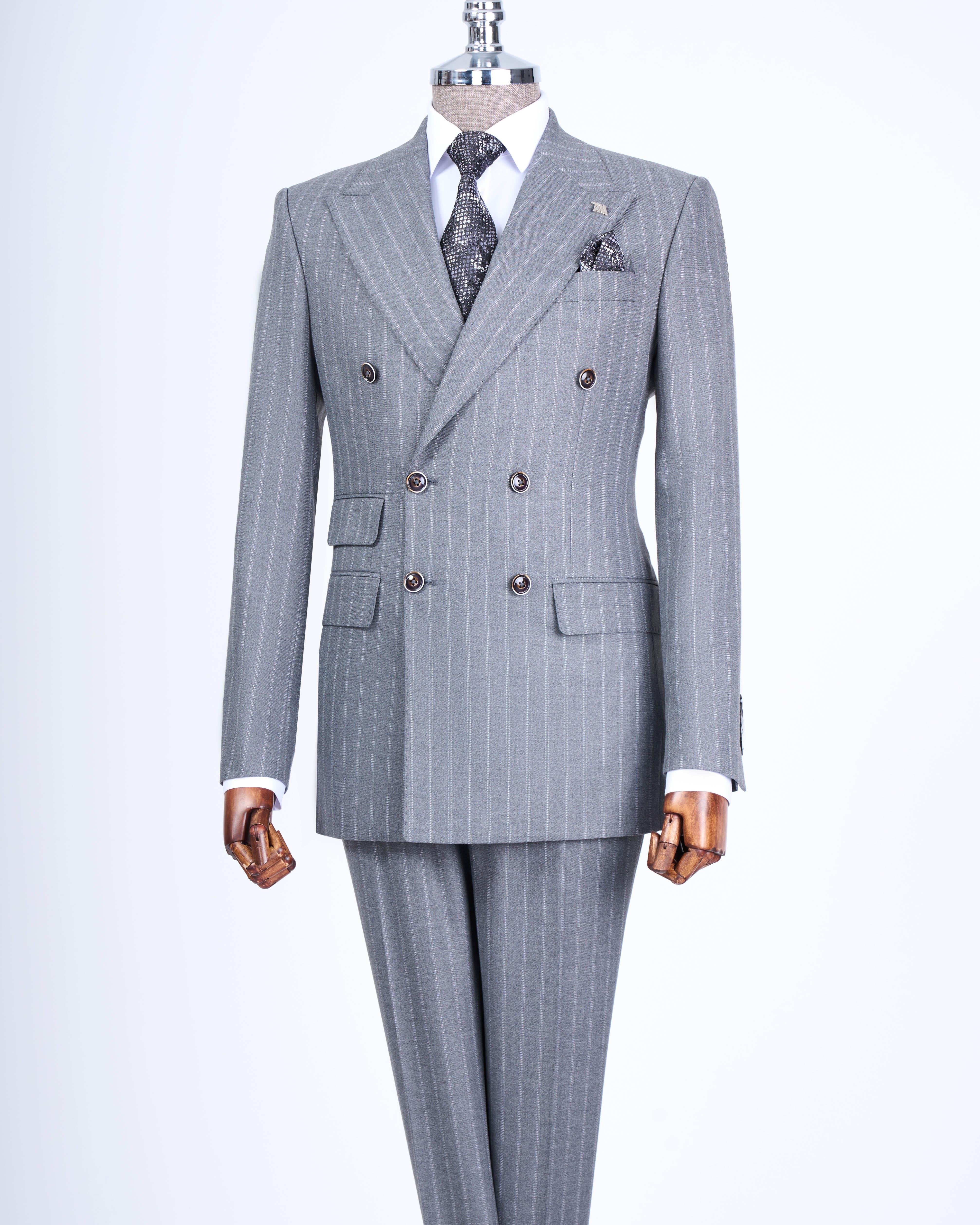 Grey Striped Double Breasted Suit 2-Piece