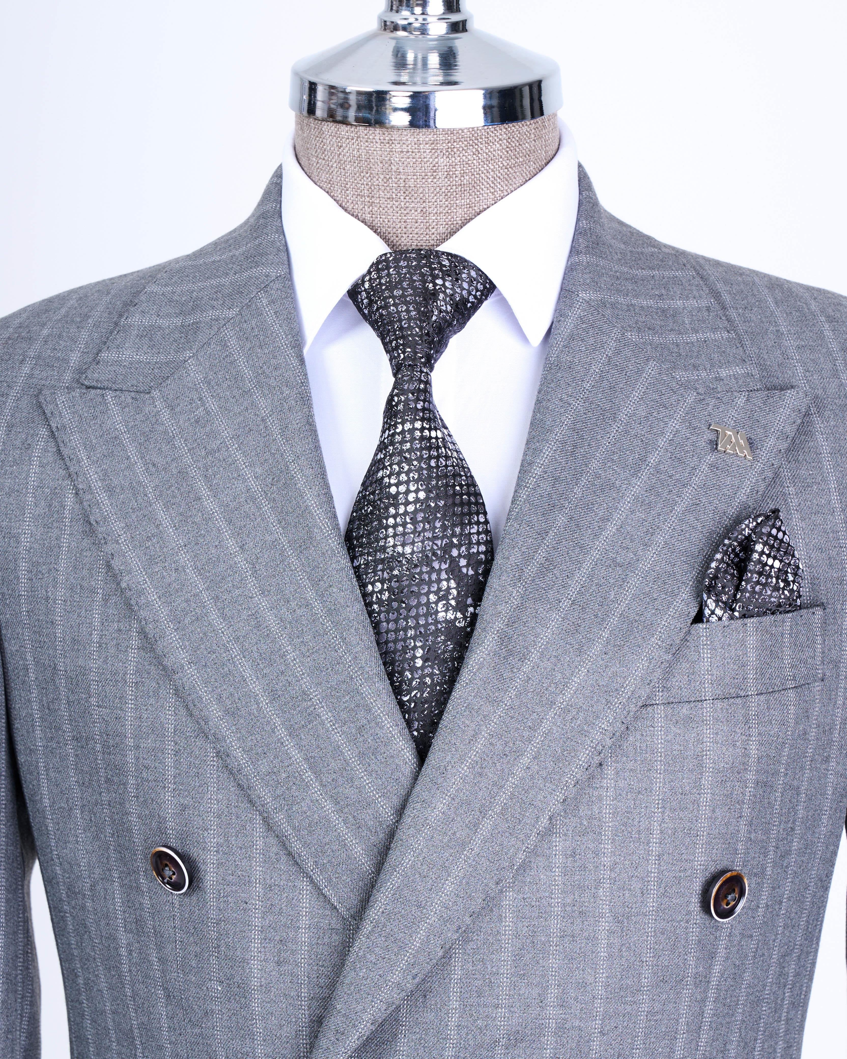 Grey Striped Double Breasted Suit 2-Piece