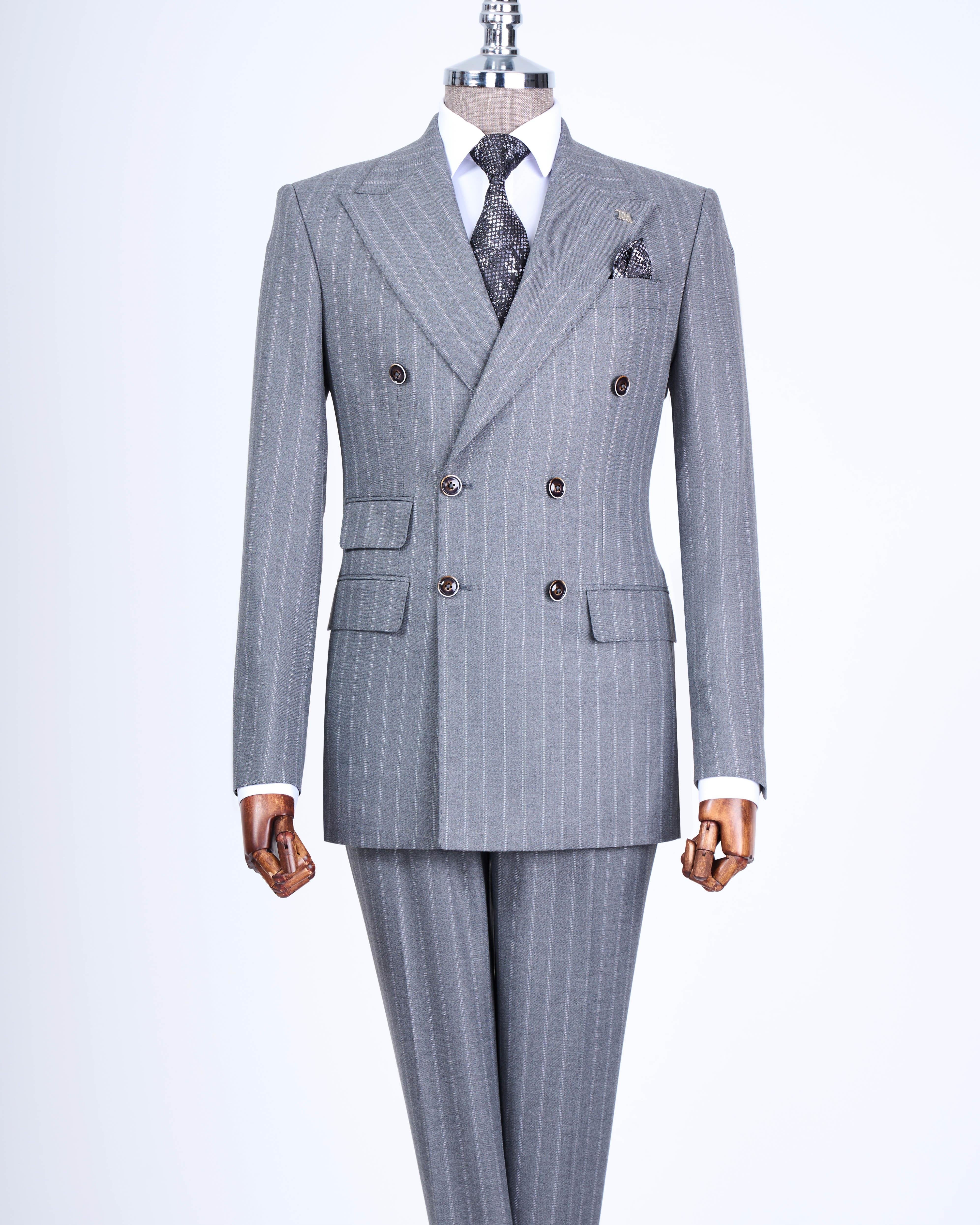 Grey Striped Double Breasted Suit 2-Piece