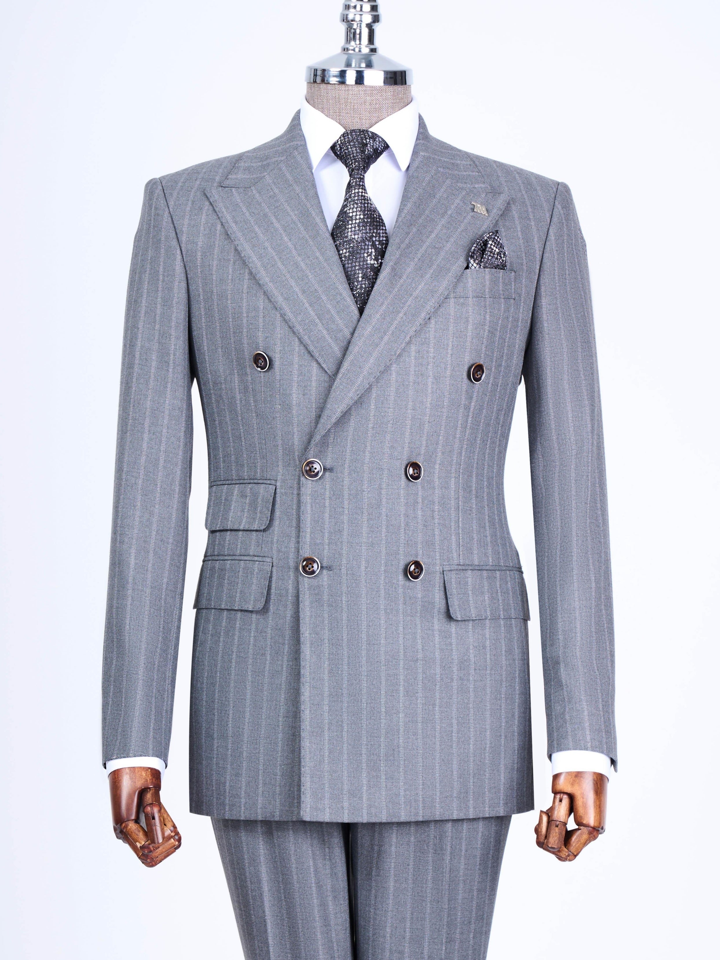 Grey Striped Double Breasted Suit 2-Piece