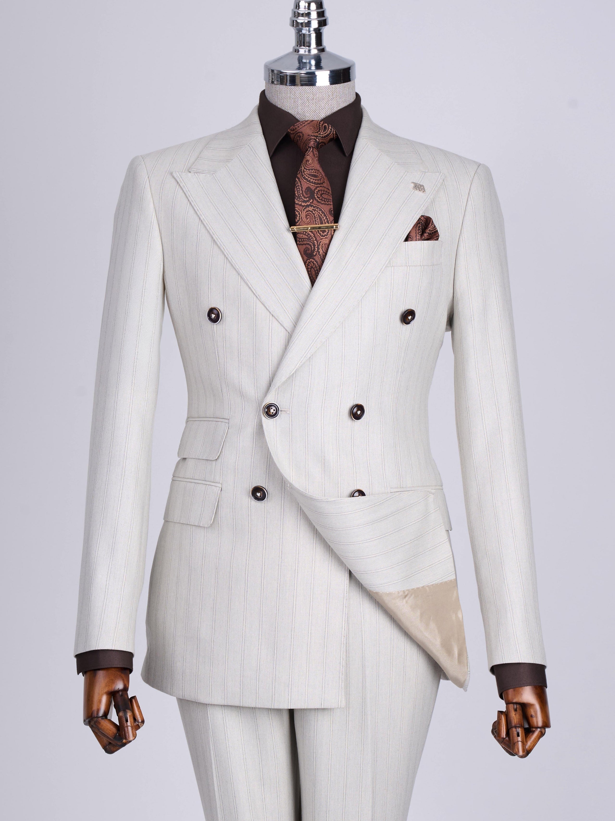 Beige Striped Double Breasted Suit 2-Piece