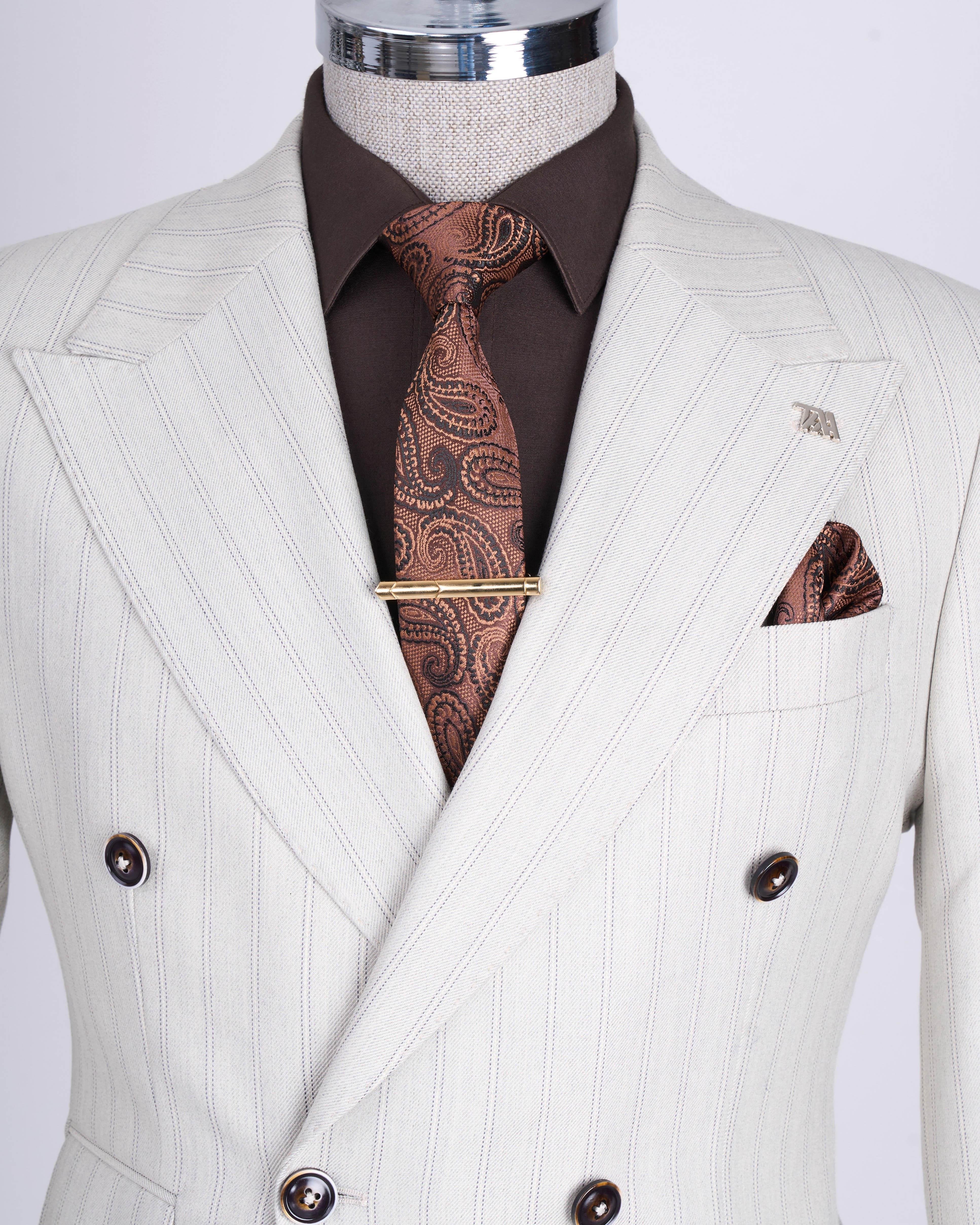 Beige Striped Double Breasted Suit 2-Piece