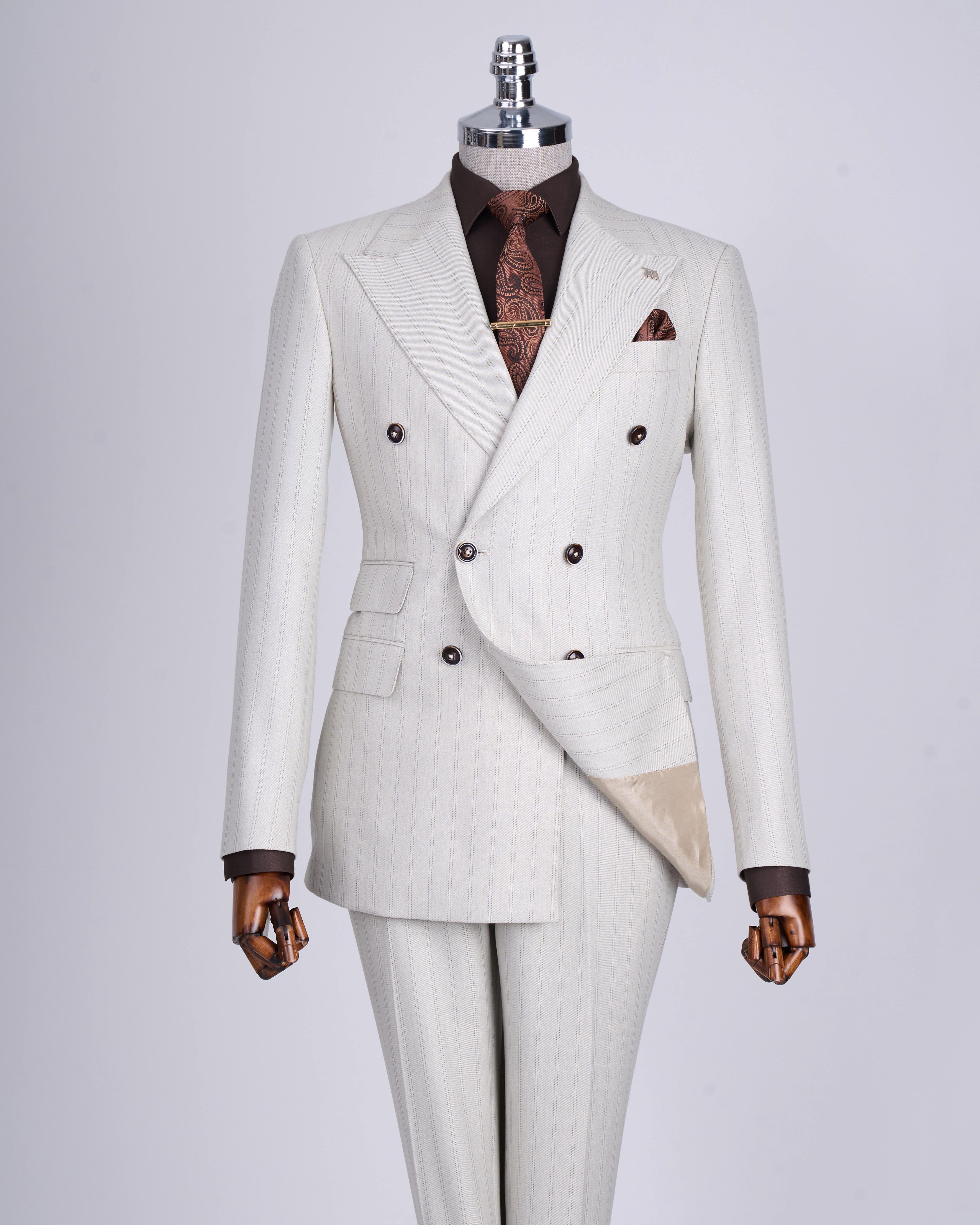 Beige Striped Double Breasted Suit 2-Piece