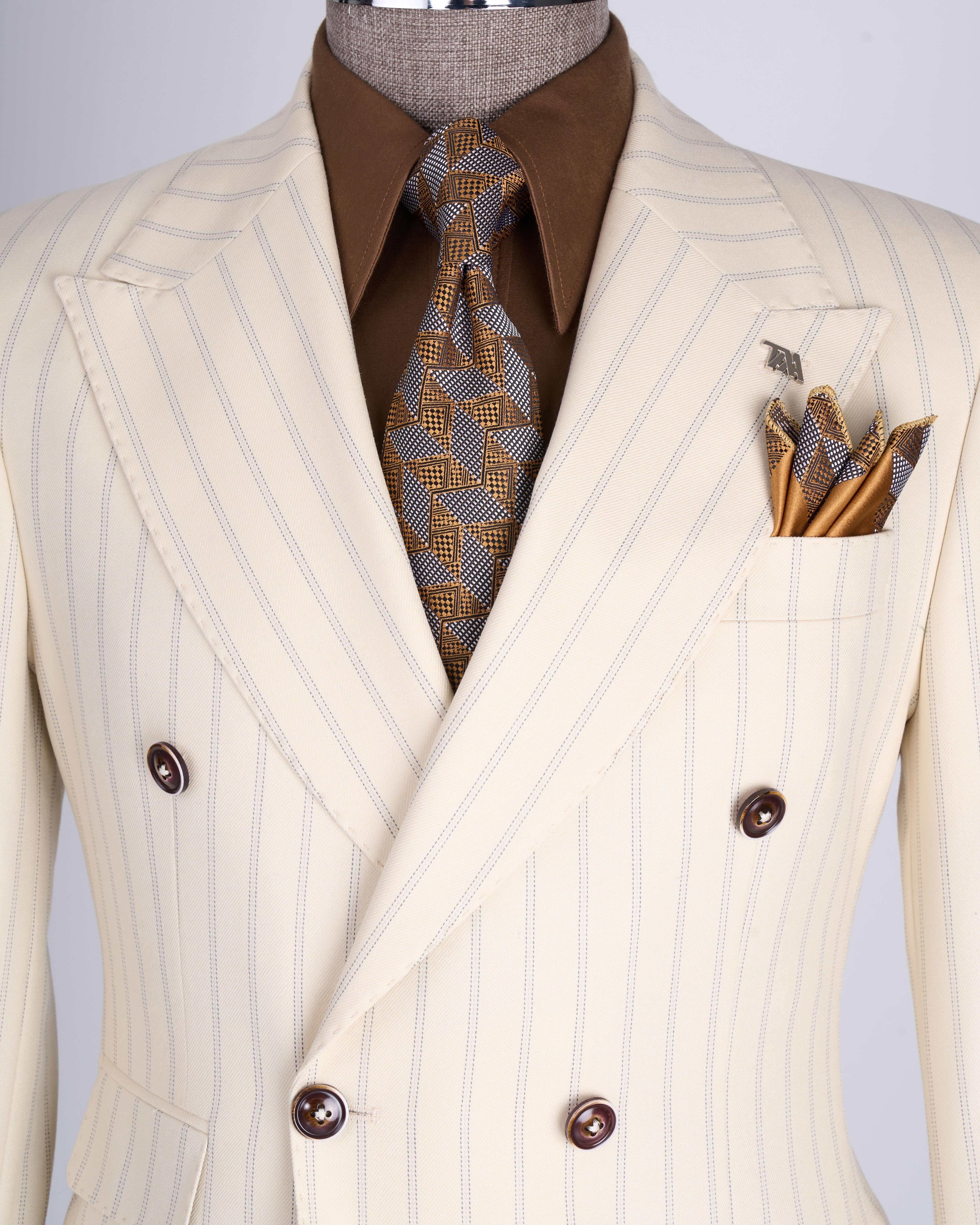 Beige Striped Double Breasted Suit 2-Piece