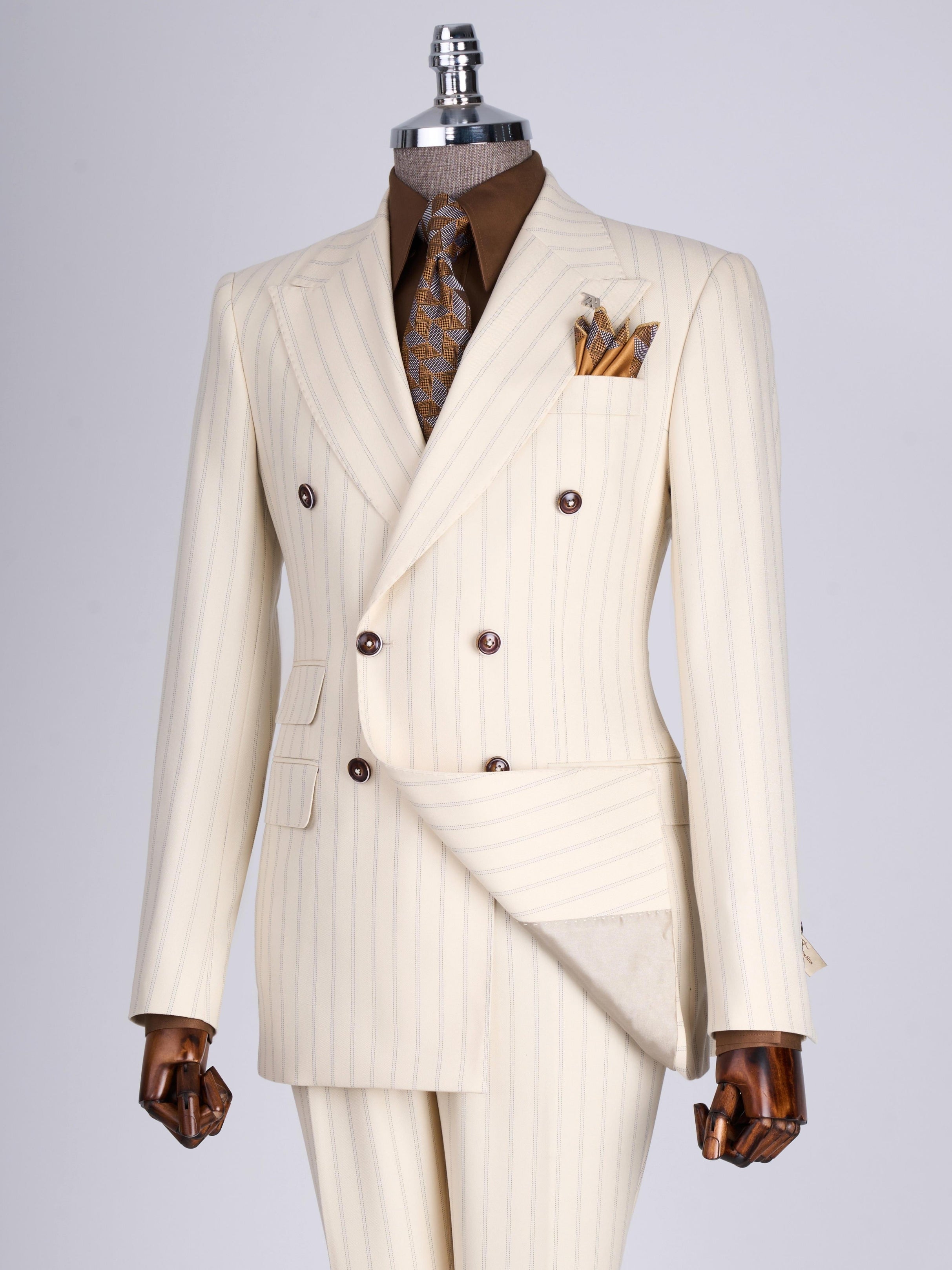 Beige Striped Double Breasted Suit 2-Piece