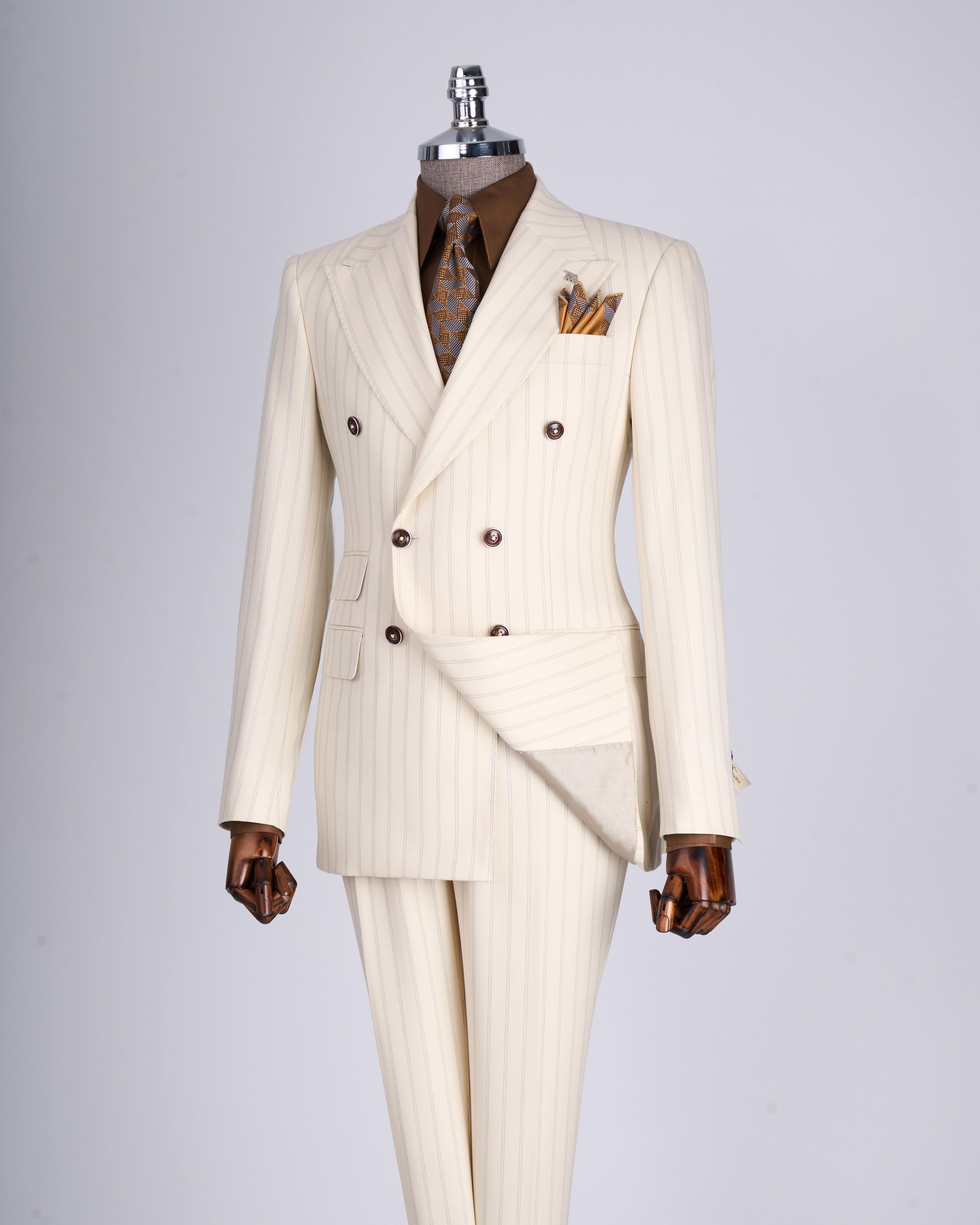 Beige Striped Double Breasted Suit 2-Piece