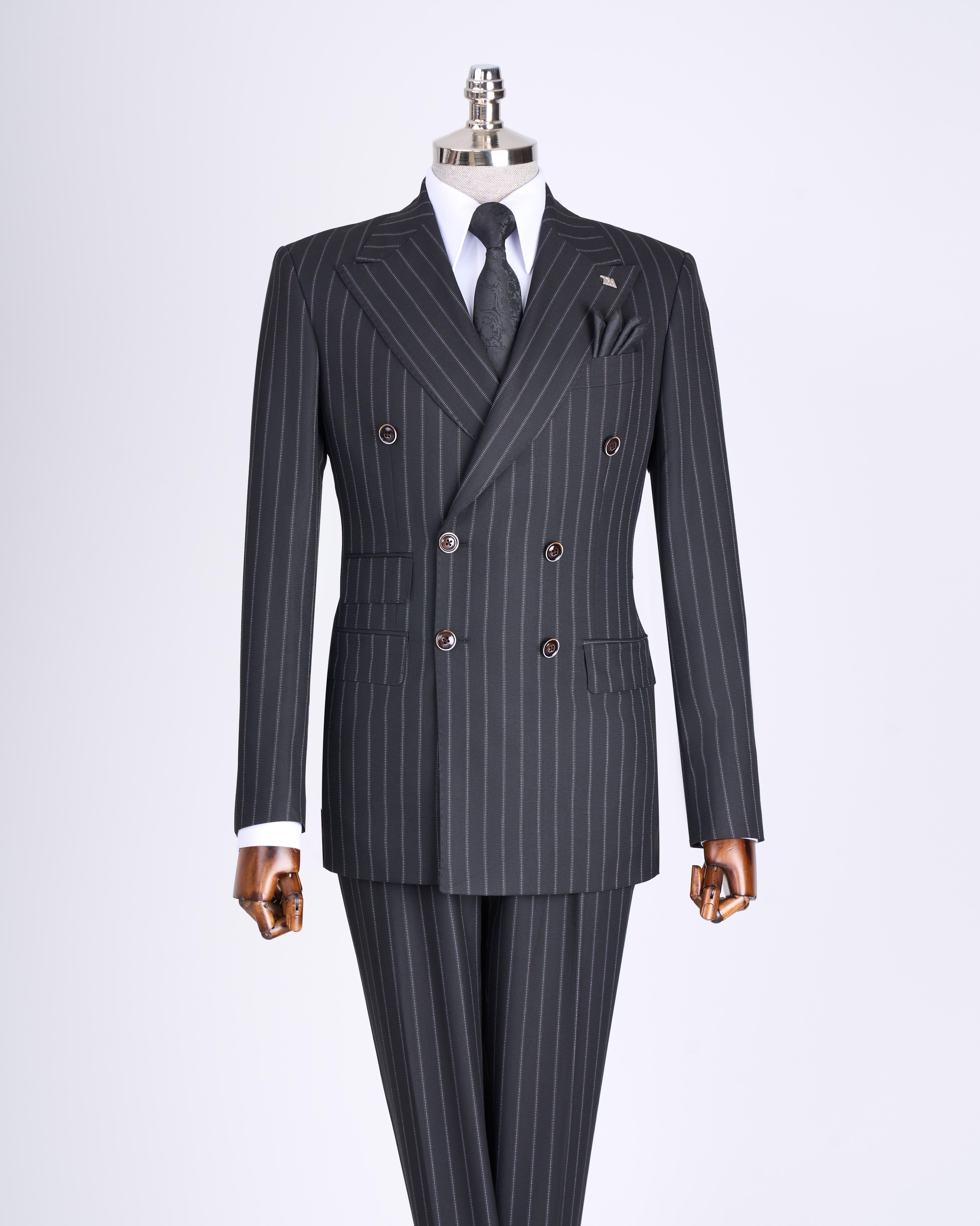 Grey Striped Double Breasted Suit 2-Piece