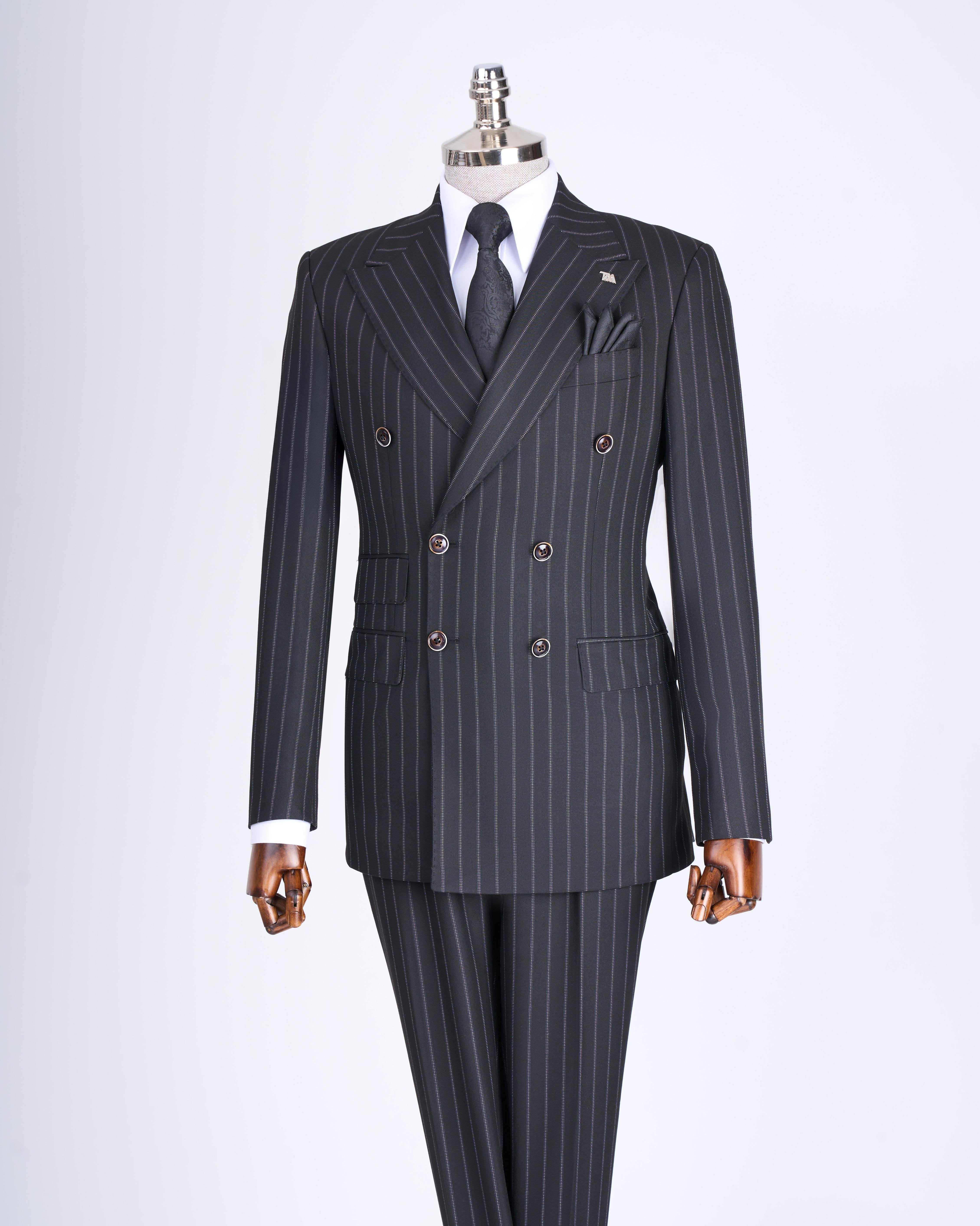 Grey Striped Double Breasted Suit 2-Piece