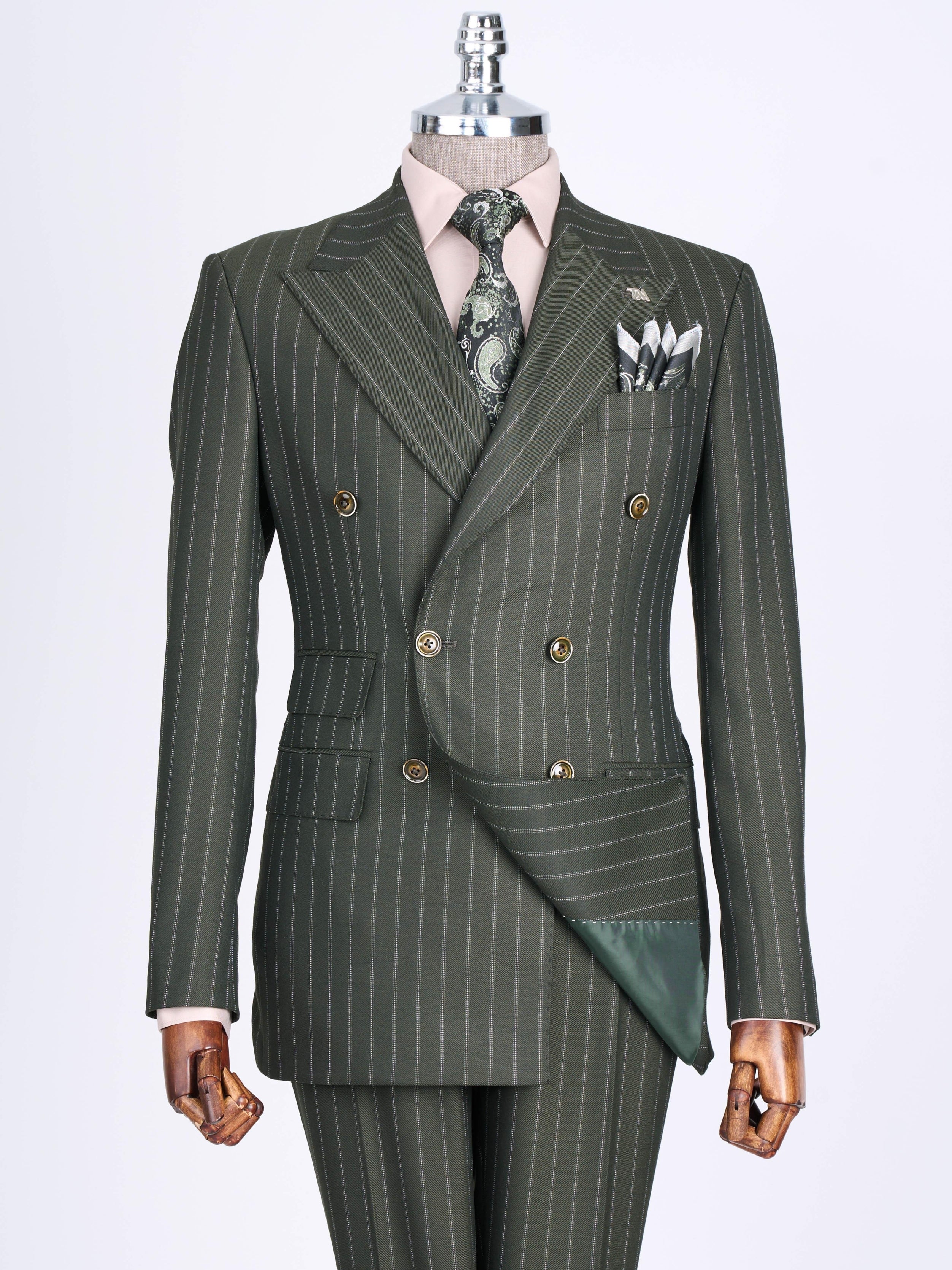 Green Striped Double Breasted Suit 2-Piece