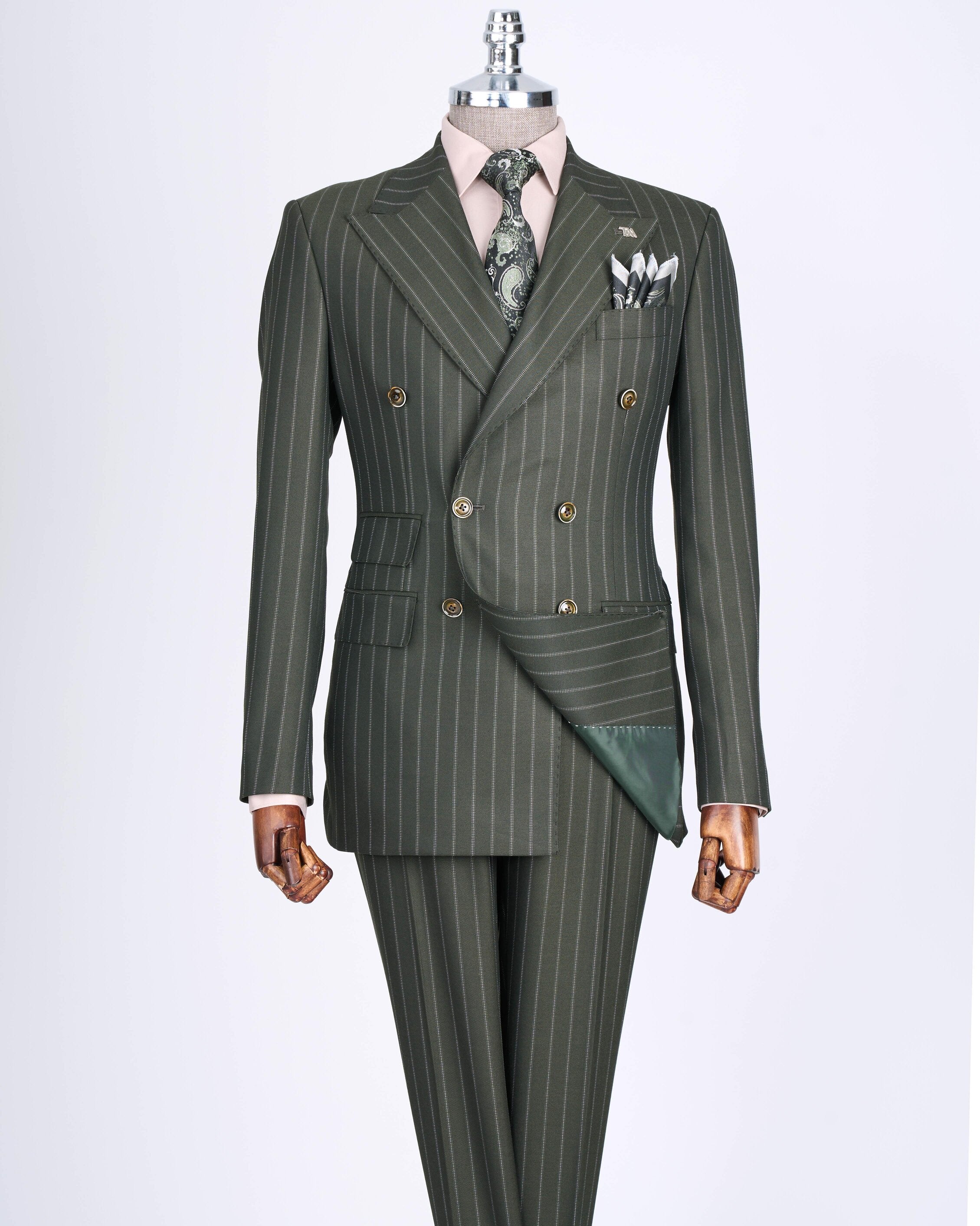 Green Striped Double Breasted Suit 2-Piece