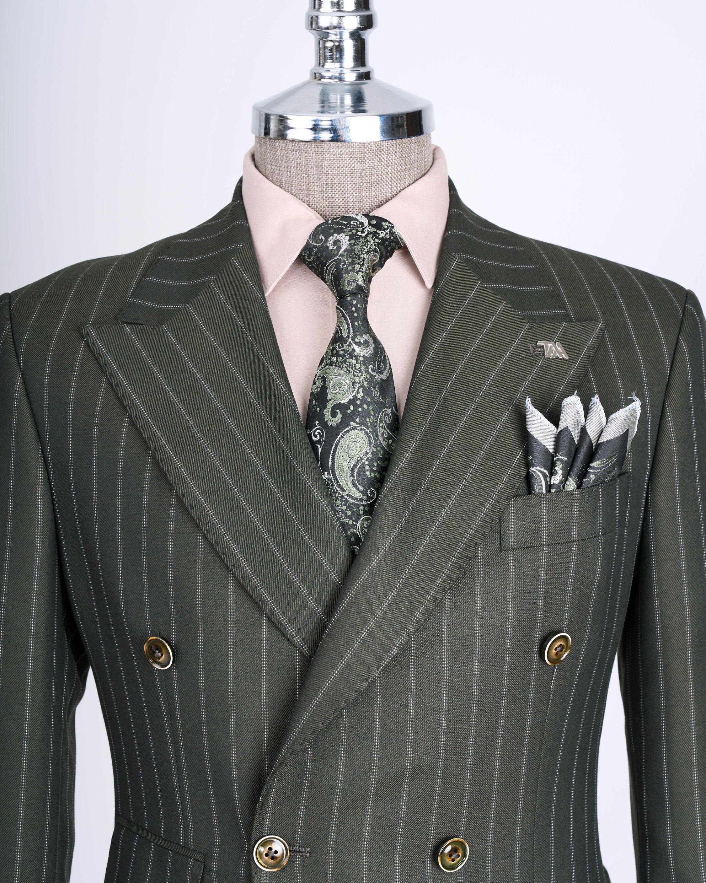 Green Striped Double Breasted Suit 2-Piece