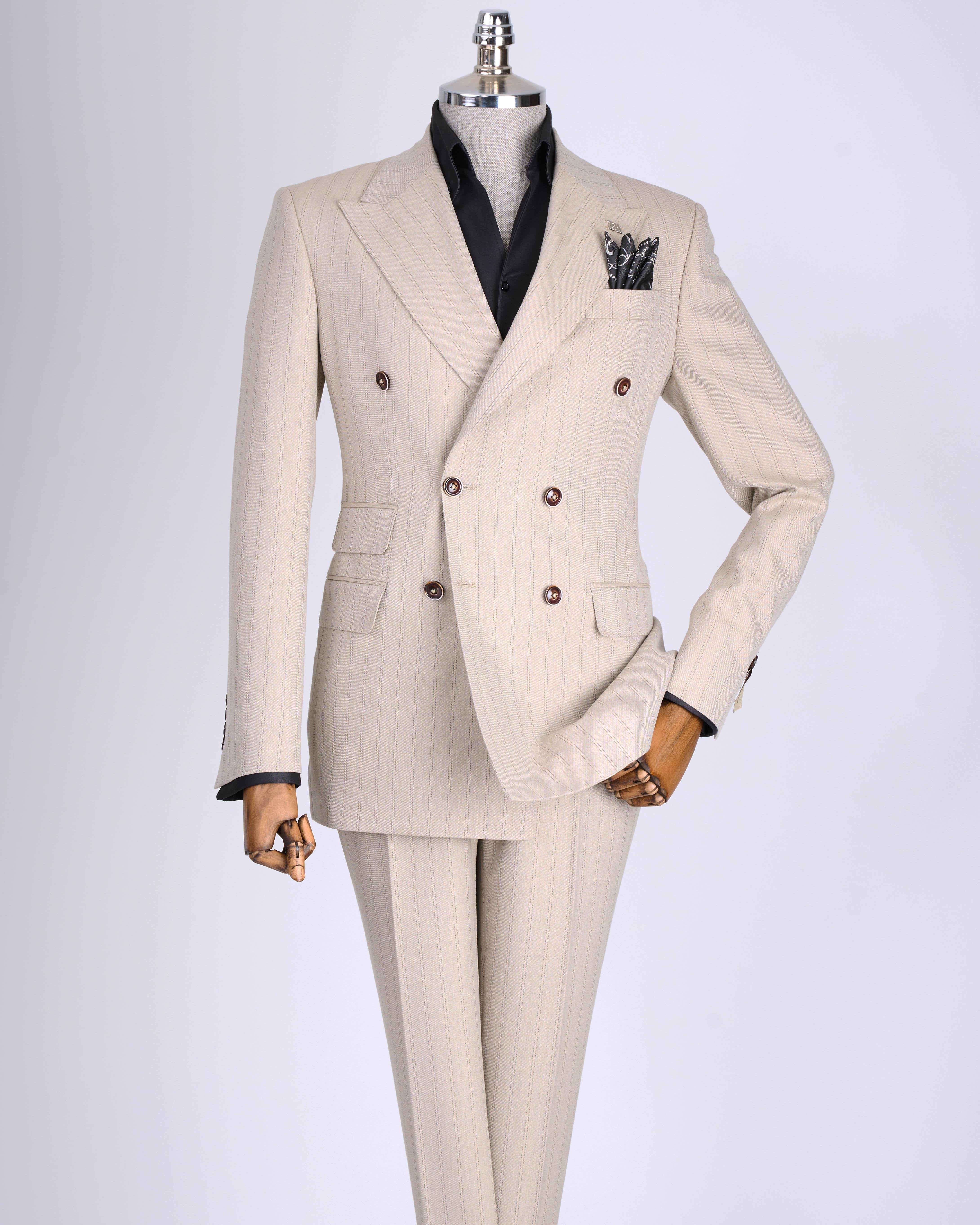 Beige Striped Double Breasted Suit 2-Piece