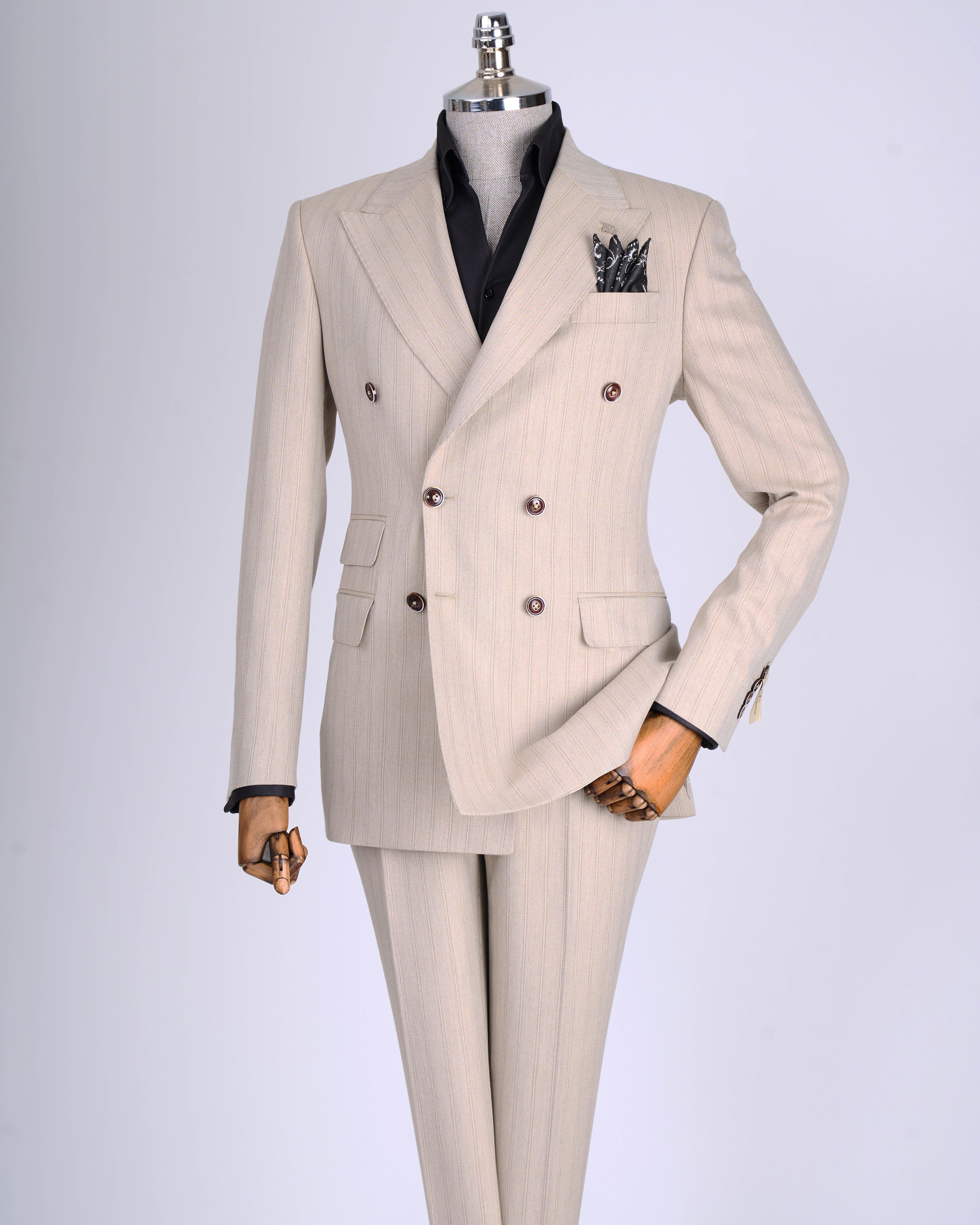 Beige Striped Double Breasted Suit 2-Piece