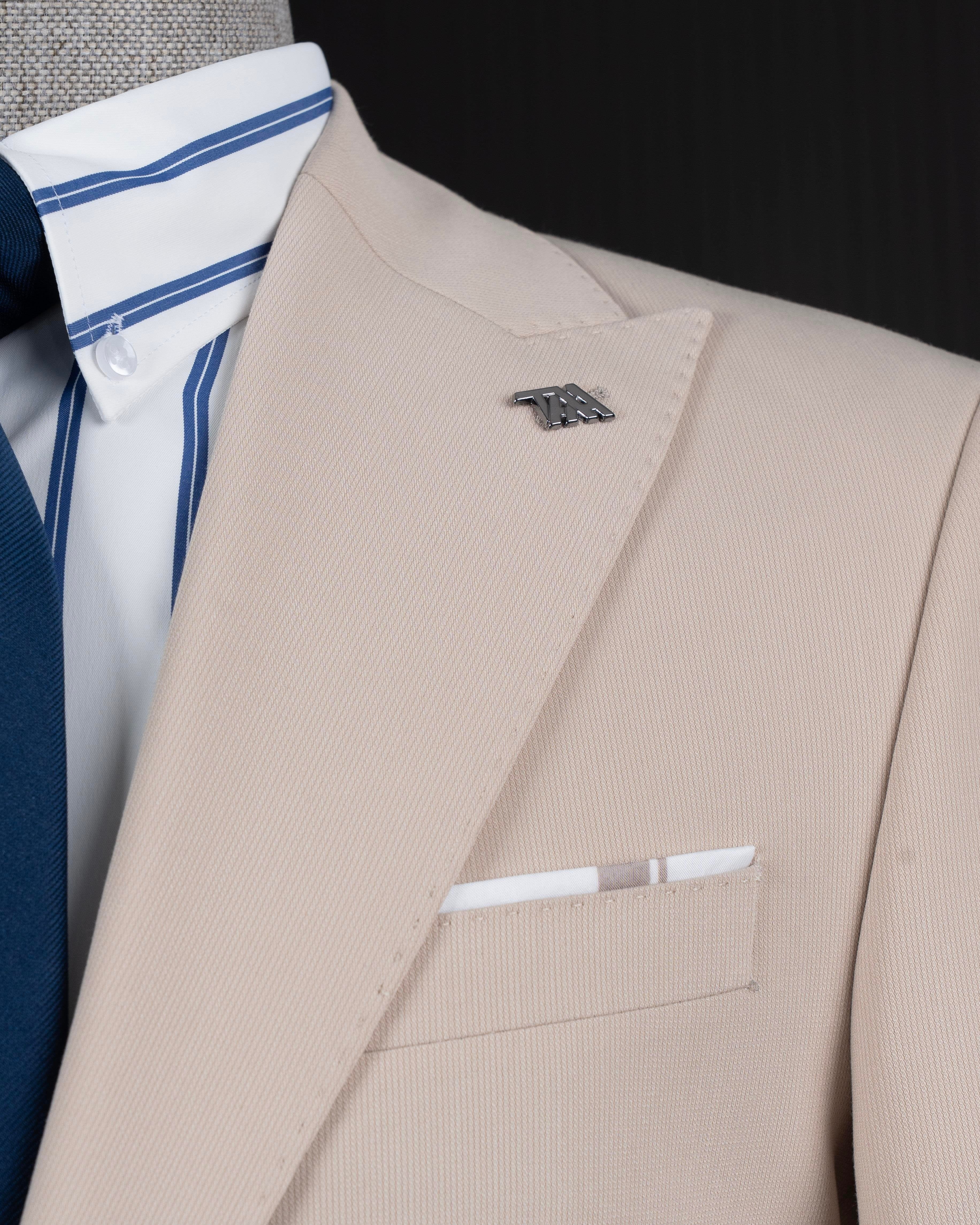 Beige slim-fit single-breasted suit – 2-piece displaying silhouette and side seaming
