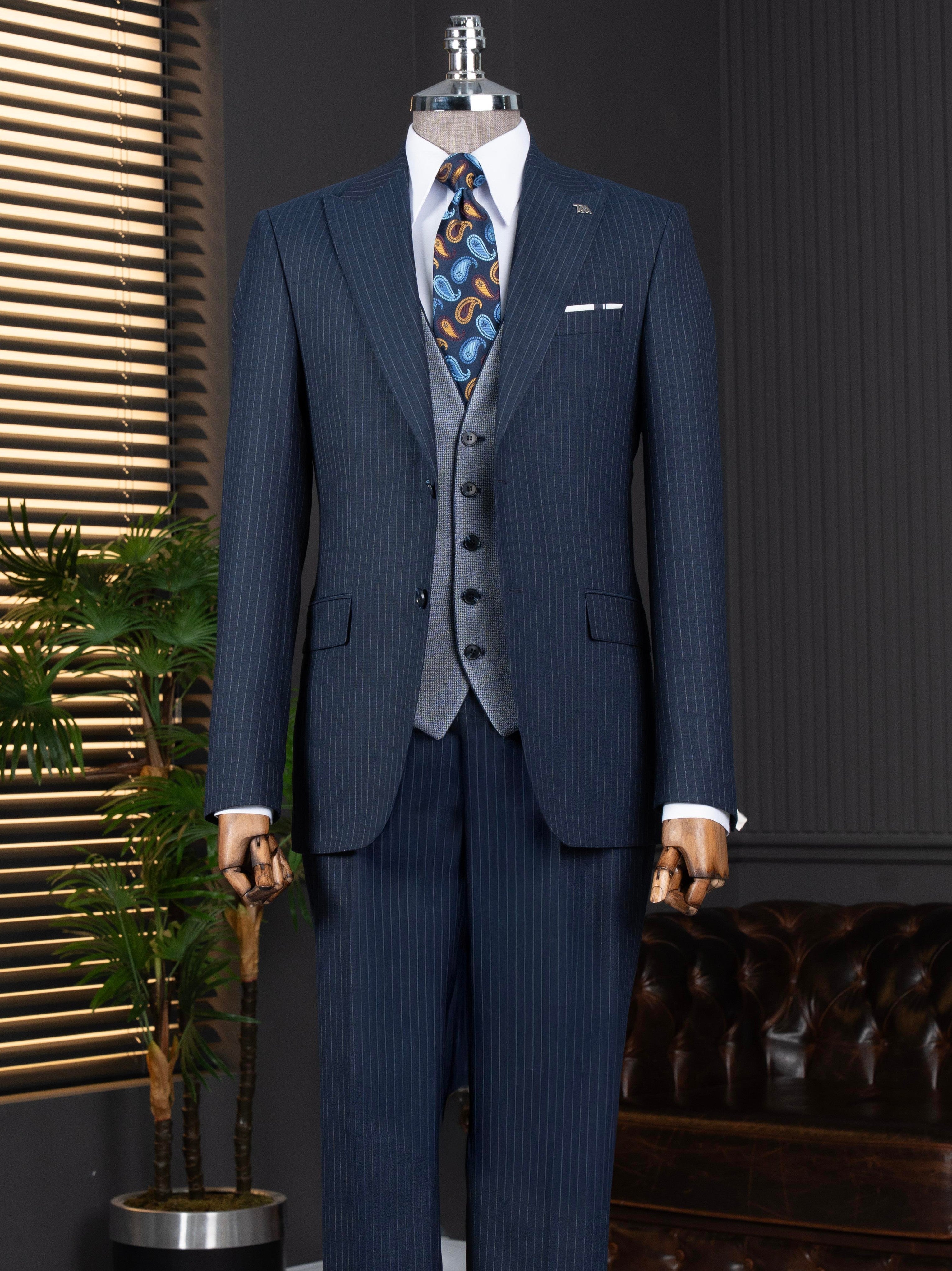 Navy Striped Slim-Fit Suit 3-Piece