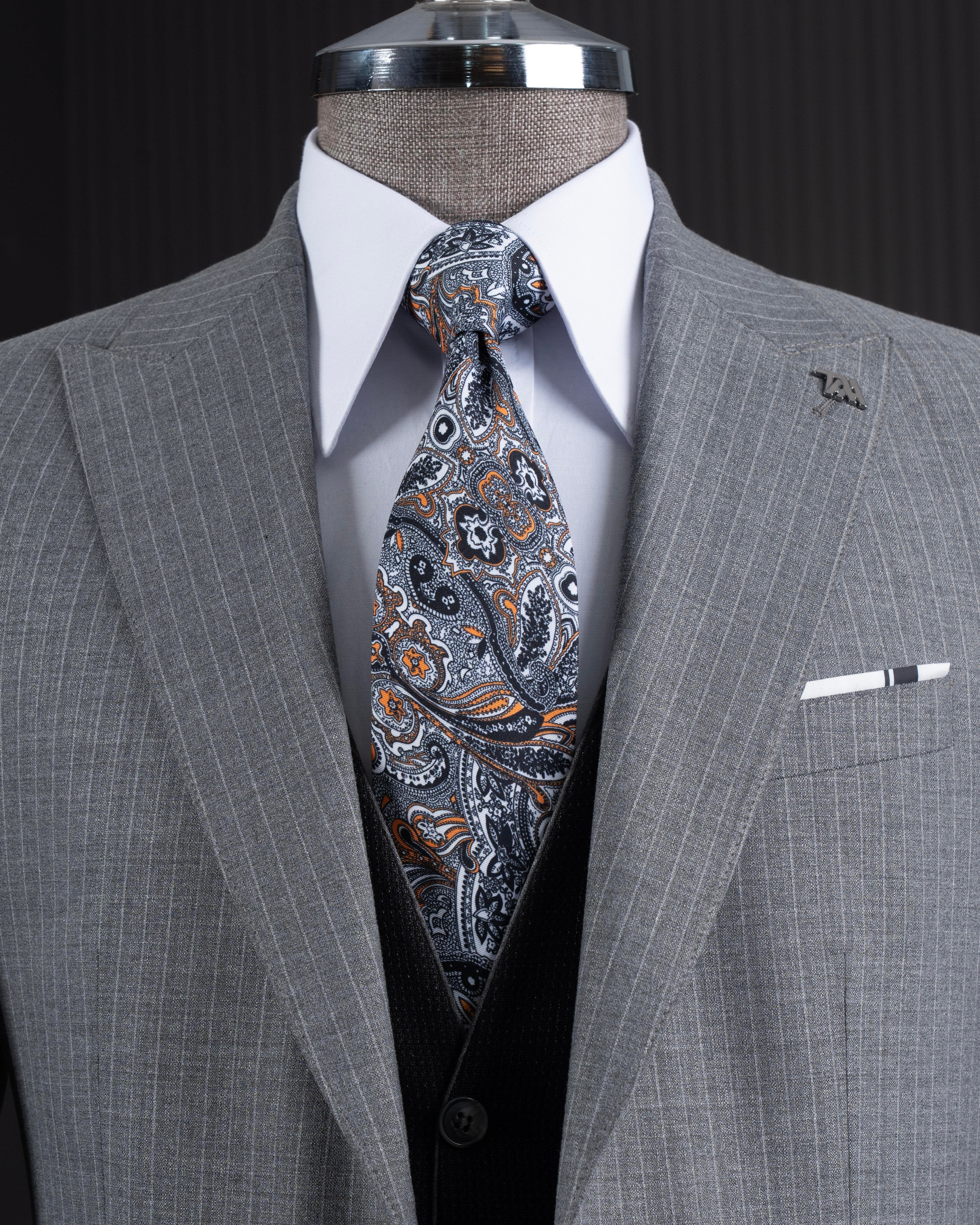 Grey Striped Slim-Fit Suit 3-Piece