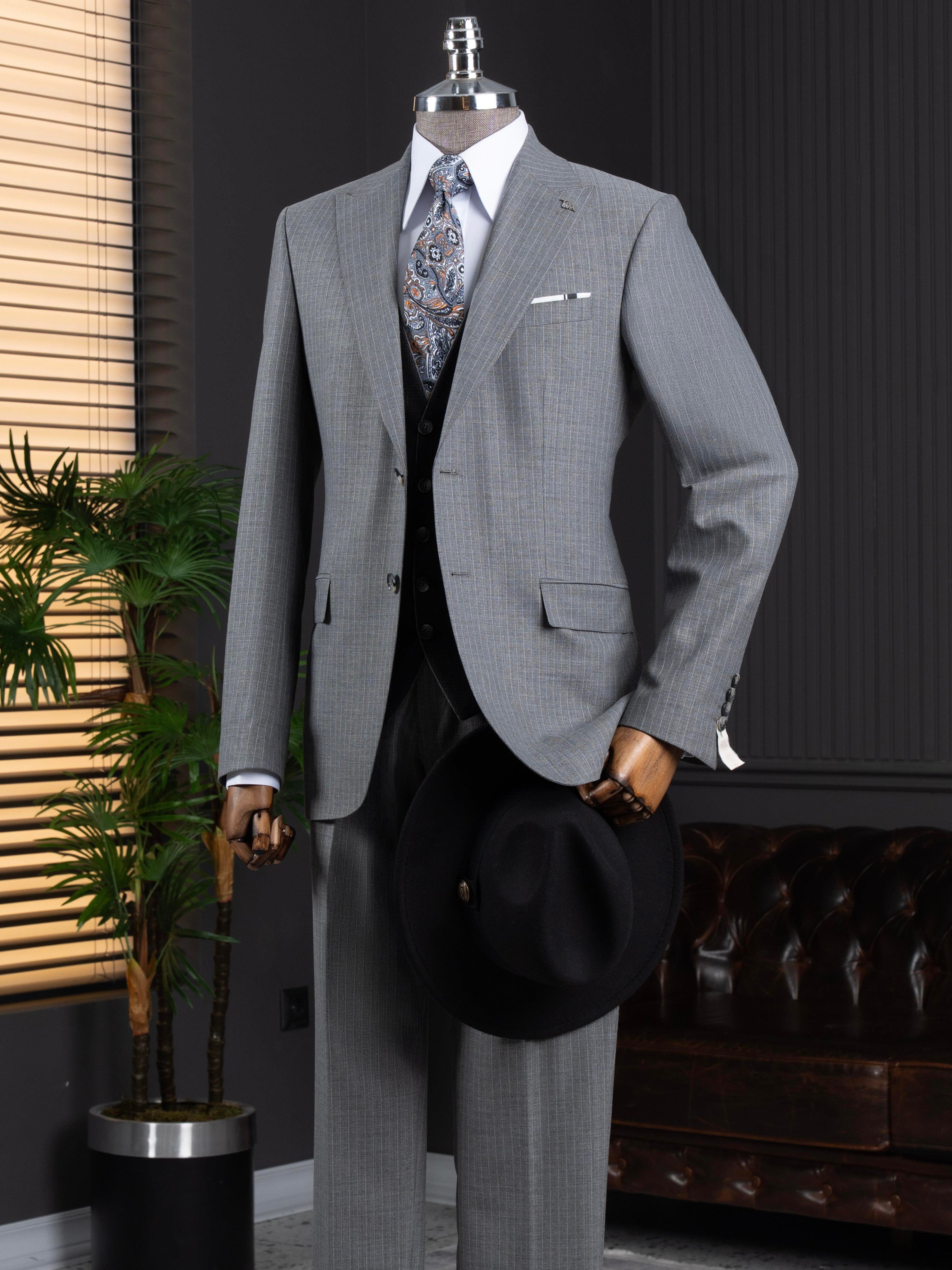 Grey Striped Slim-Fit Suit 3-Piece